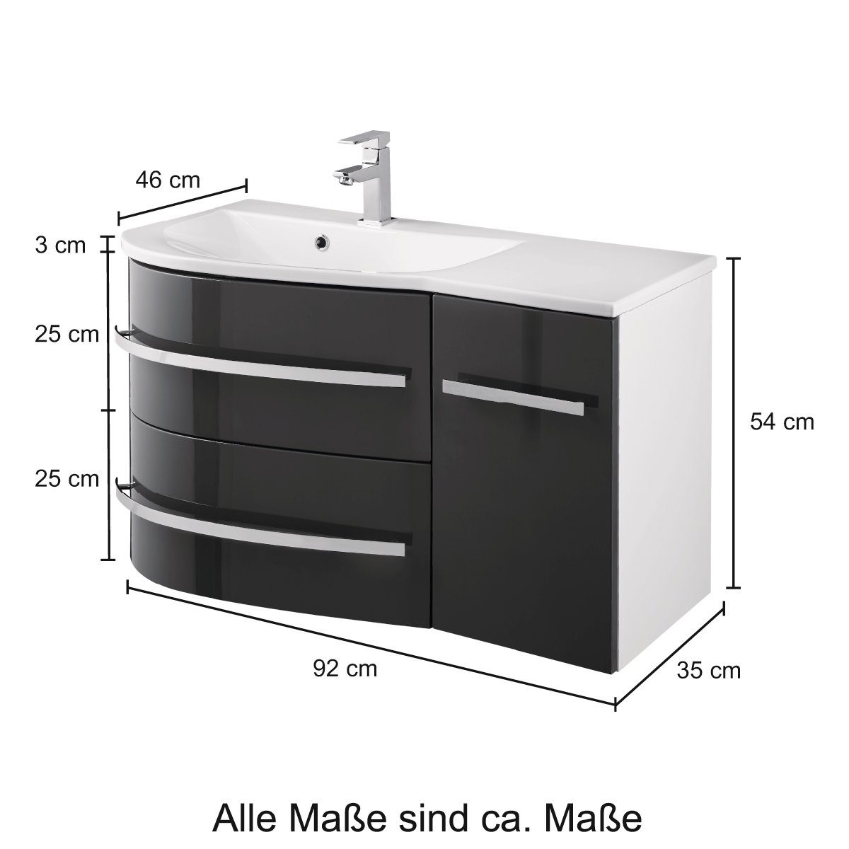 welltime Wastafelonderkast Oslo Breedte 90 cm, gebogen model, planchet rechts
