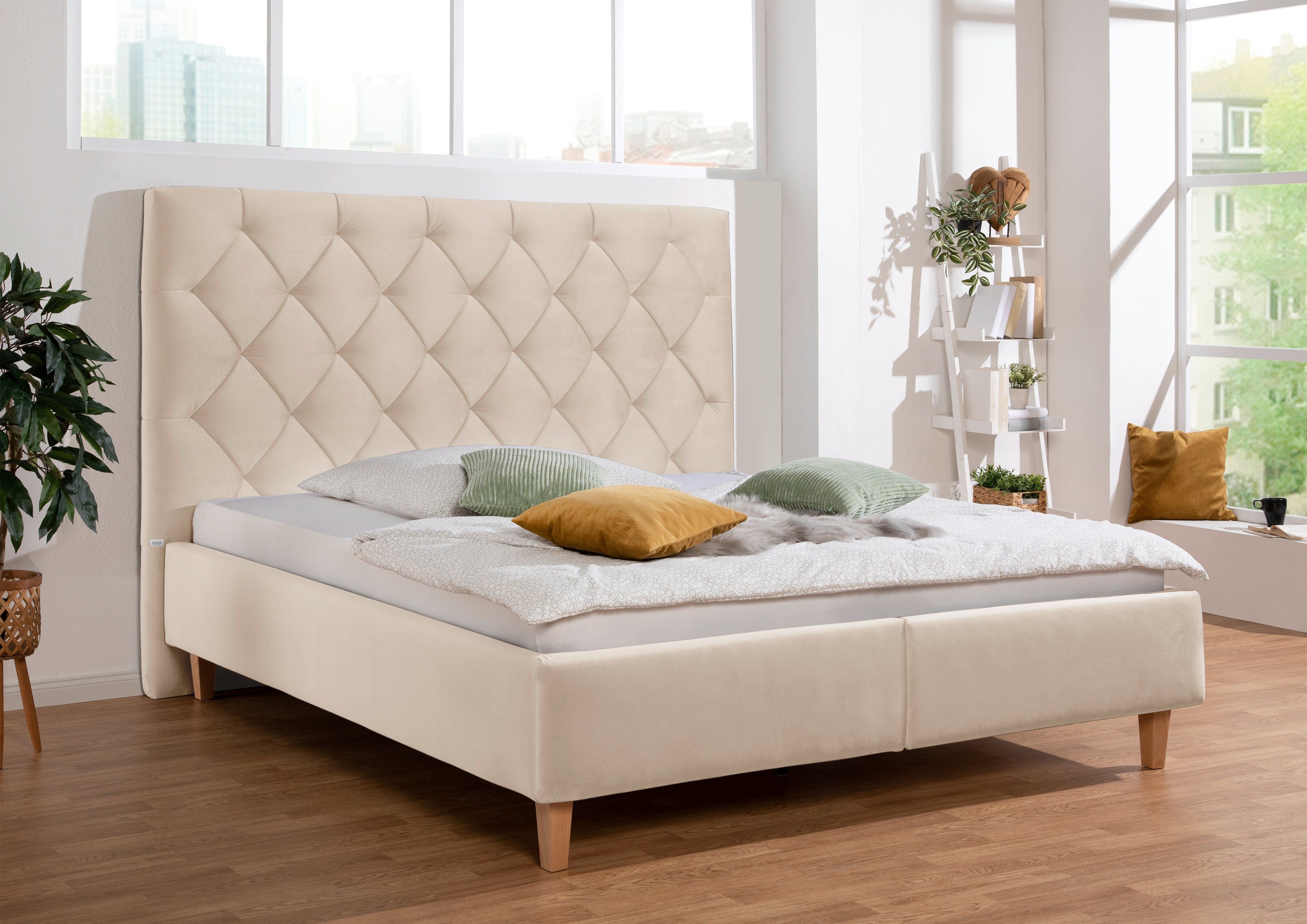 Guido Maria Kretschmer Home&Living Gestoffeerd bed Sunley 140 Kruisstiksel, hoofdbordhoogte 142 cm, zonder of met matras/lattenbodem