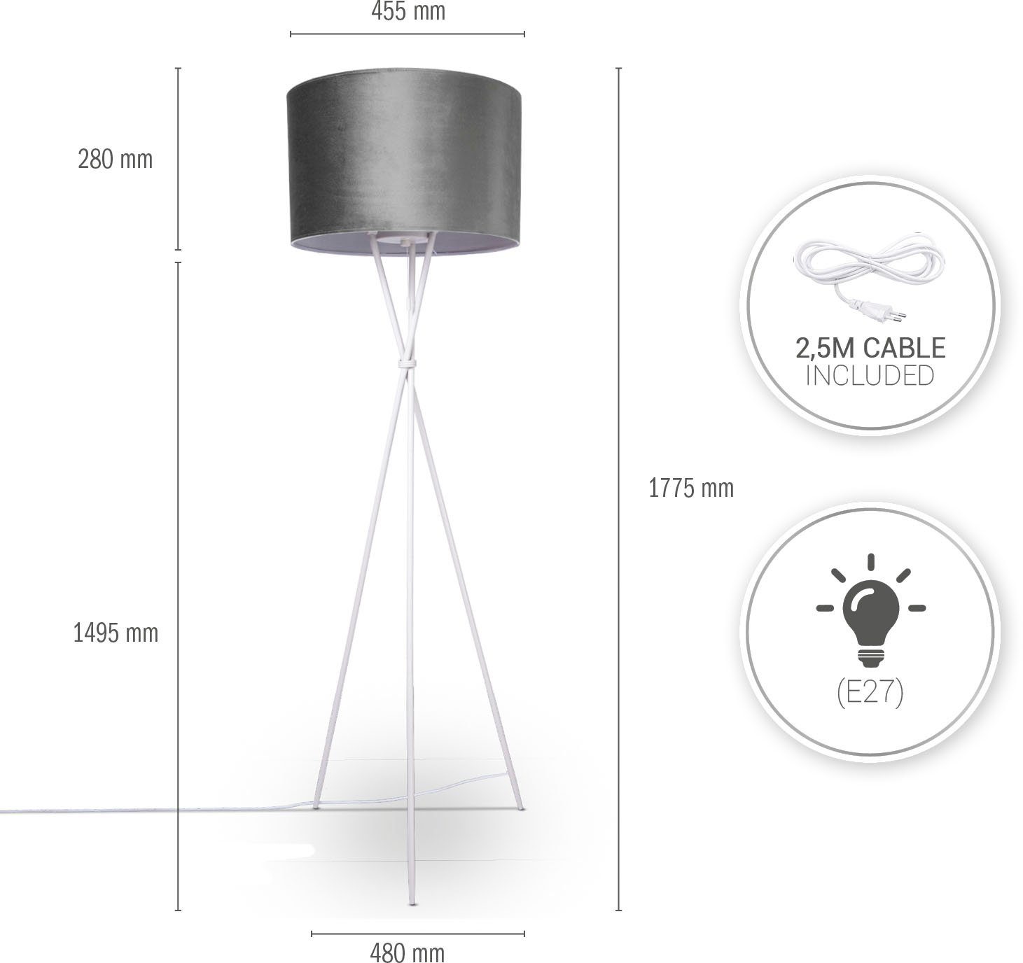 Paco Home Staande lamp Kate uni kleur Woonkamer driepoot vloerlamp velours hoogte 177,5cm filigraan E27