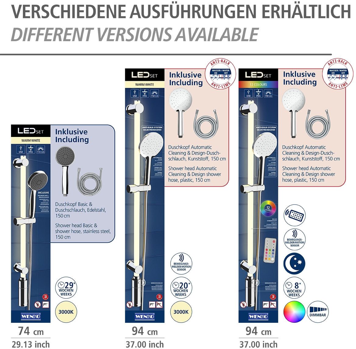 WENKO Douchestang met ledverlichting RGB-kleurwisseling en warmwit, inclusief oplaadbare eenheid