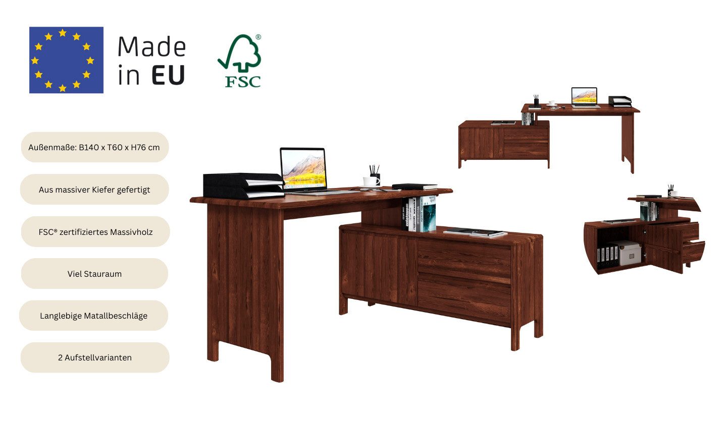 Home affaire Bureau Luven, van massief hout in 2 breedtes, variabel gebruik als bureau of hoekbureau