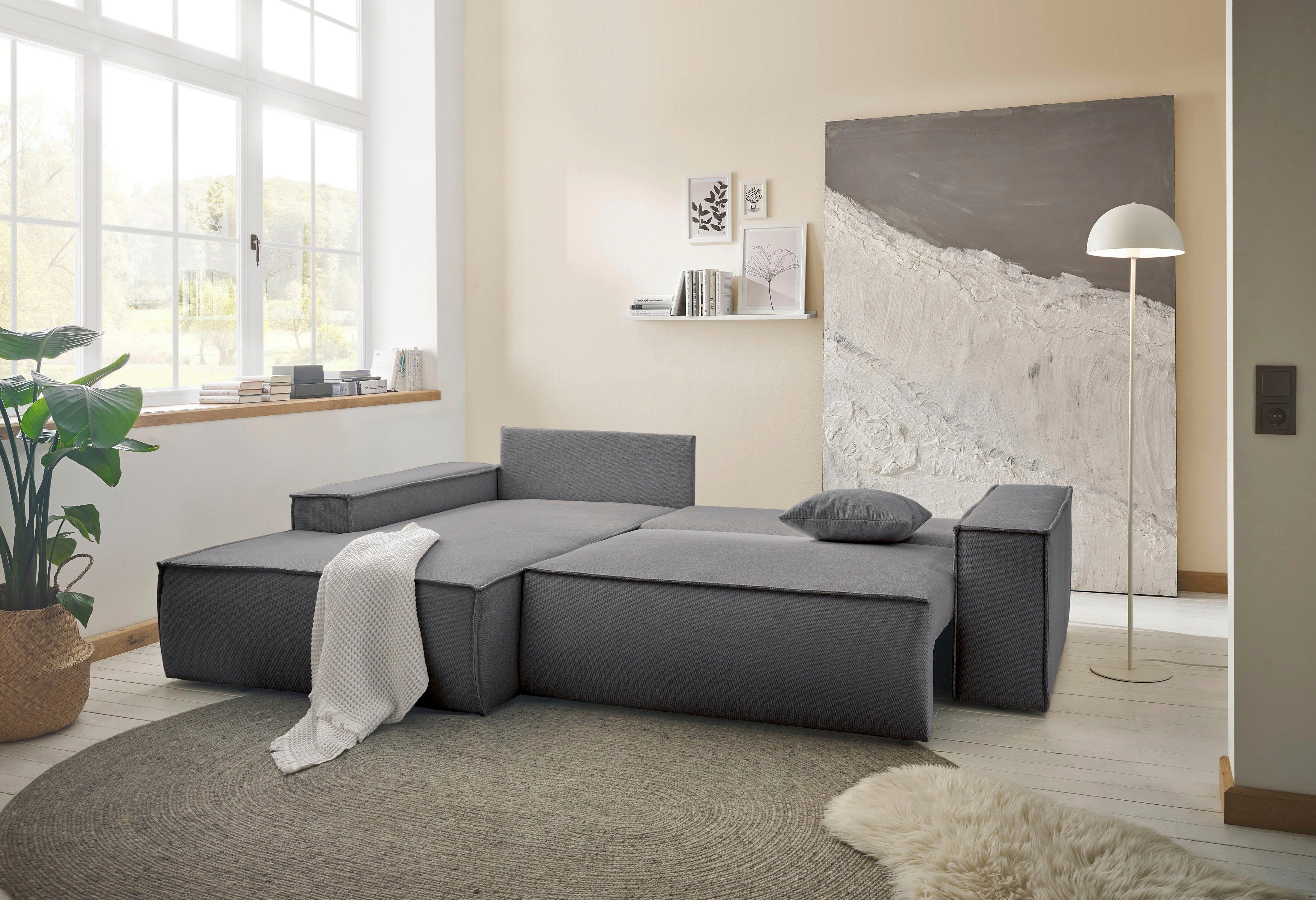 andas Hoekbank Finnley slaapbank 267 cm in Bouclé, fijne structuur en cord, L-vorm