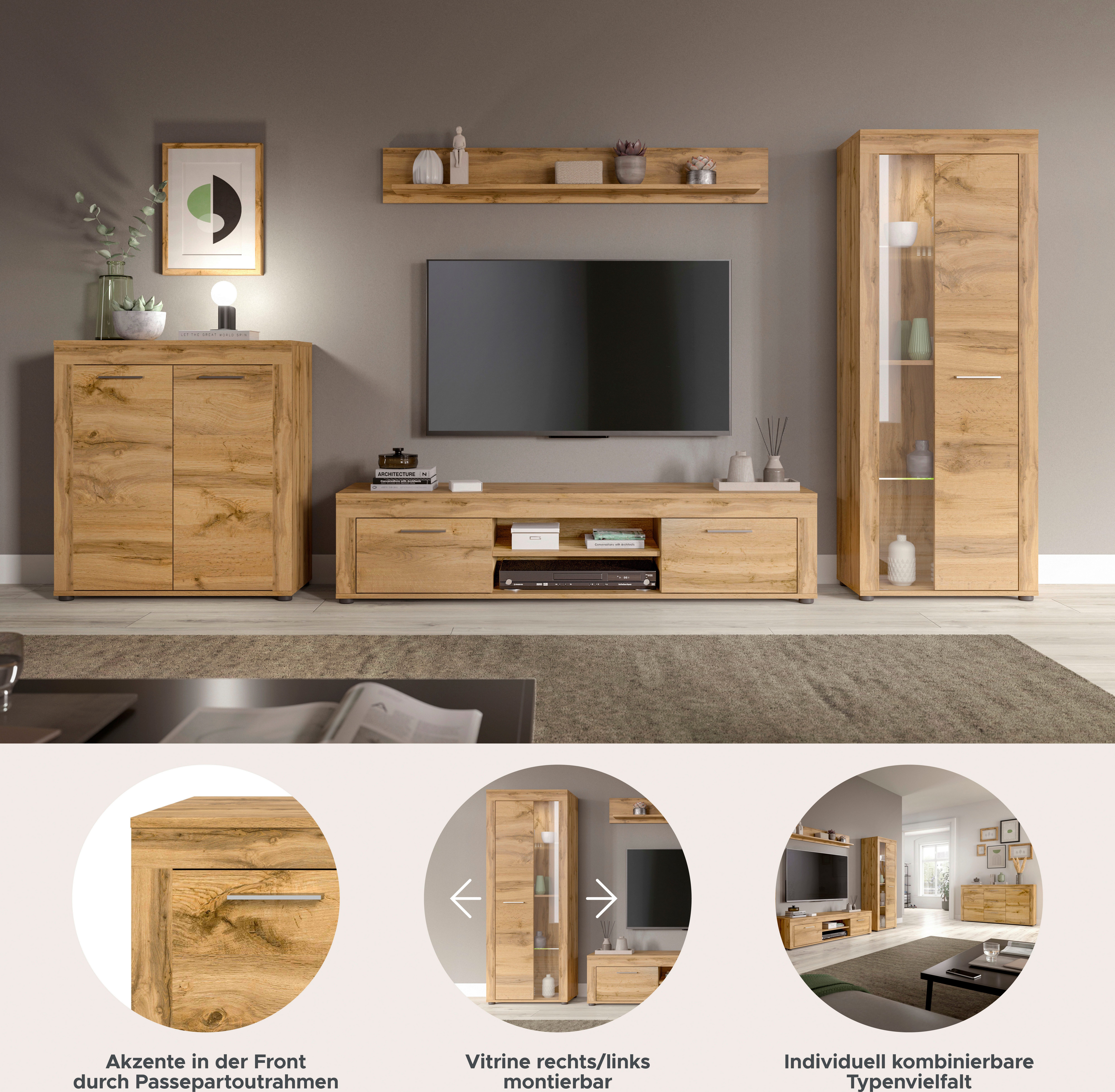 INOSIGN Wandmeubel Aosta, Breedte 330cm, bestaand uit Highboard, Lowboard, Wandplank, Vitrine (4-delig)