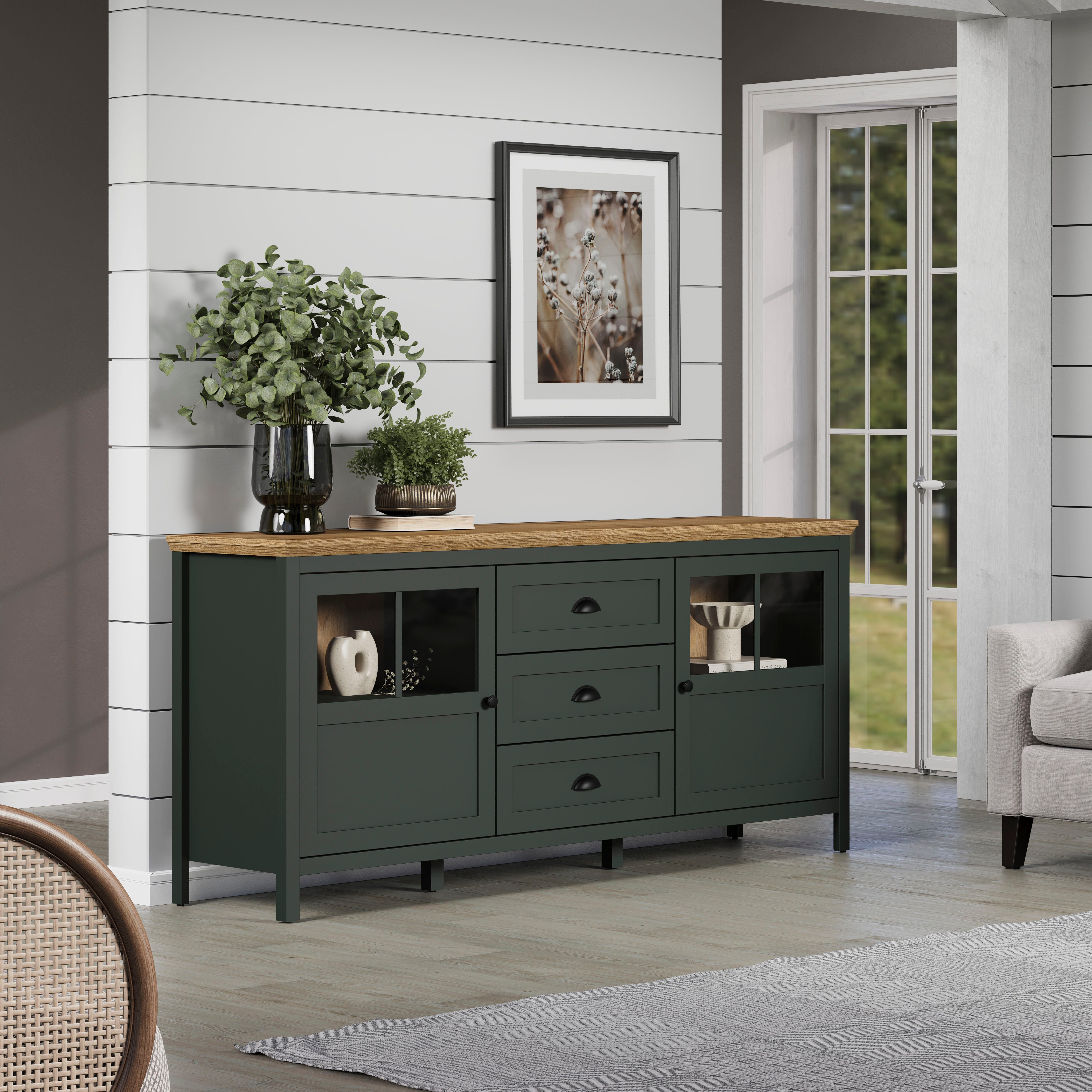 Home affaire Dressoir Vienna Commode in landhuisstijl met schelpenhandgrepen en glazen deuren