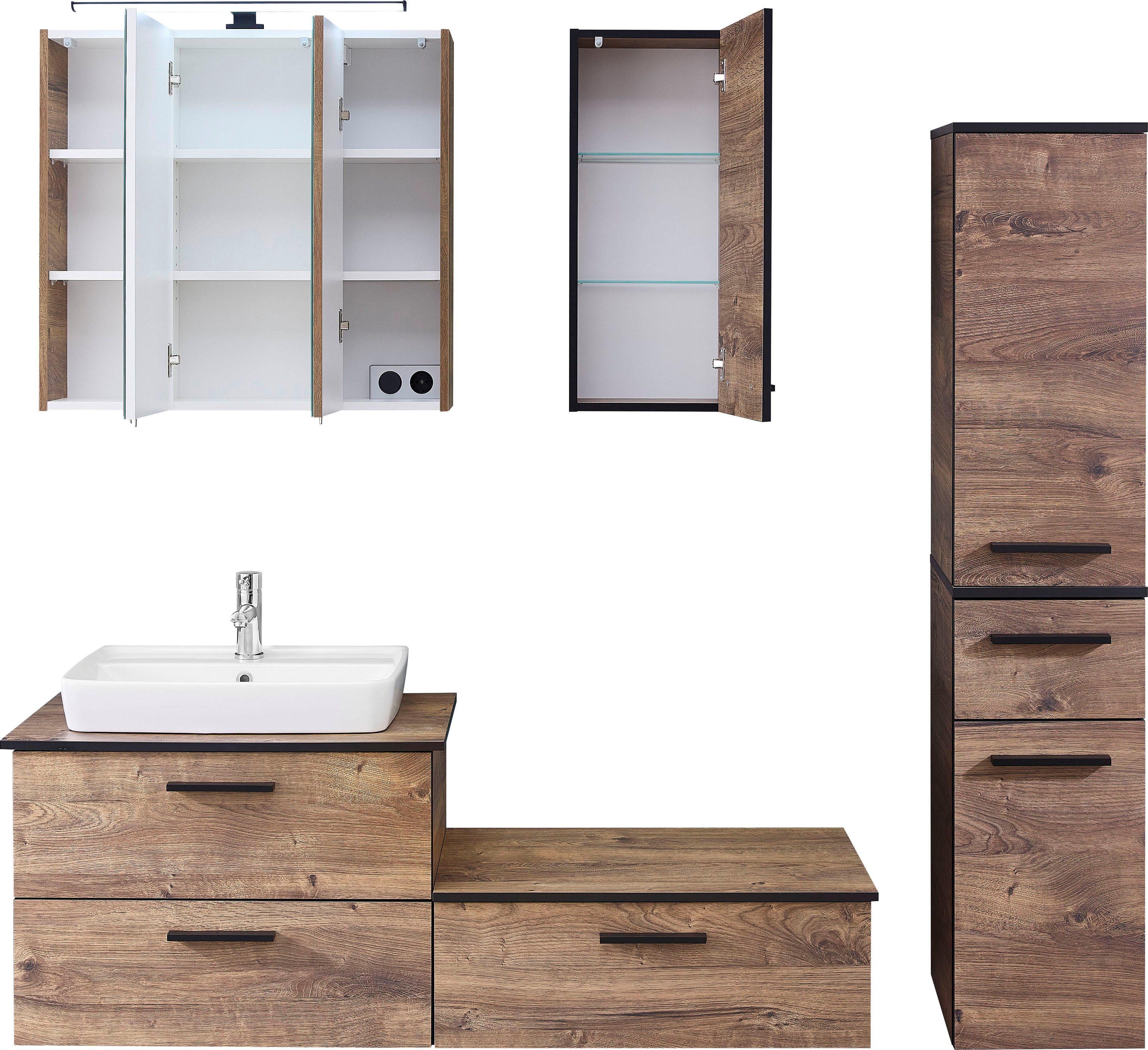 Saphir Badkamerserie Quickset 374 6-delig keramische opzetwasbak met LED-spiegelkast Onderkast, halfhoge kast, hangend kastje, inclusief deurdemper, 6 deuren (8-delig)