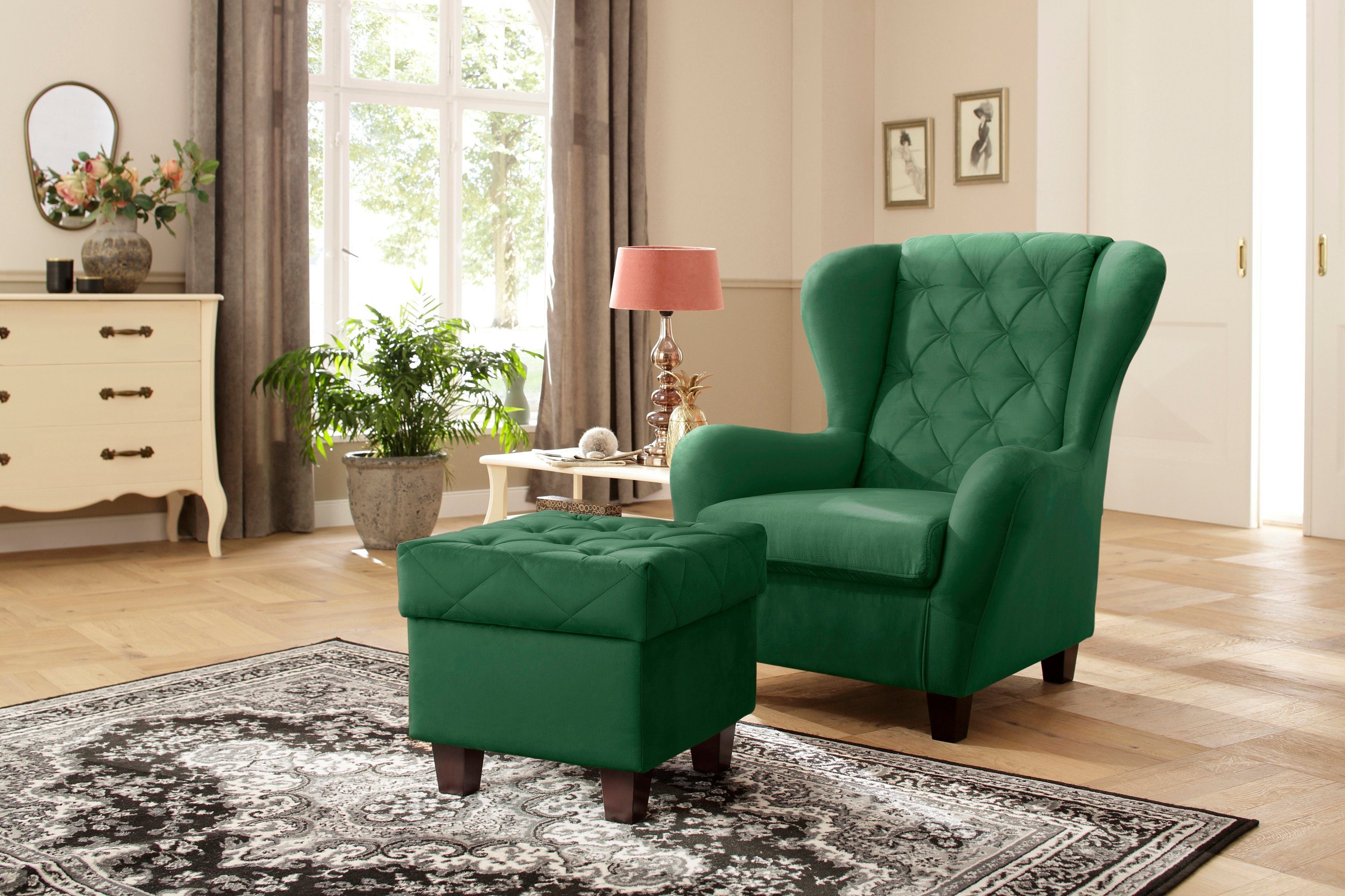 DELAVITA Oorfauteuil ALEXANDRA incl. hocker, met stiksels, in vele kleuren