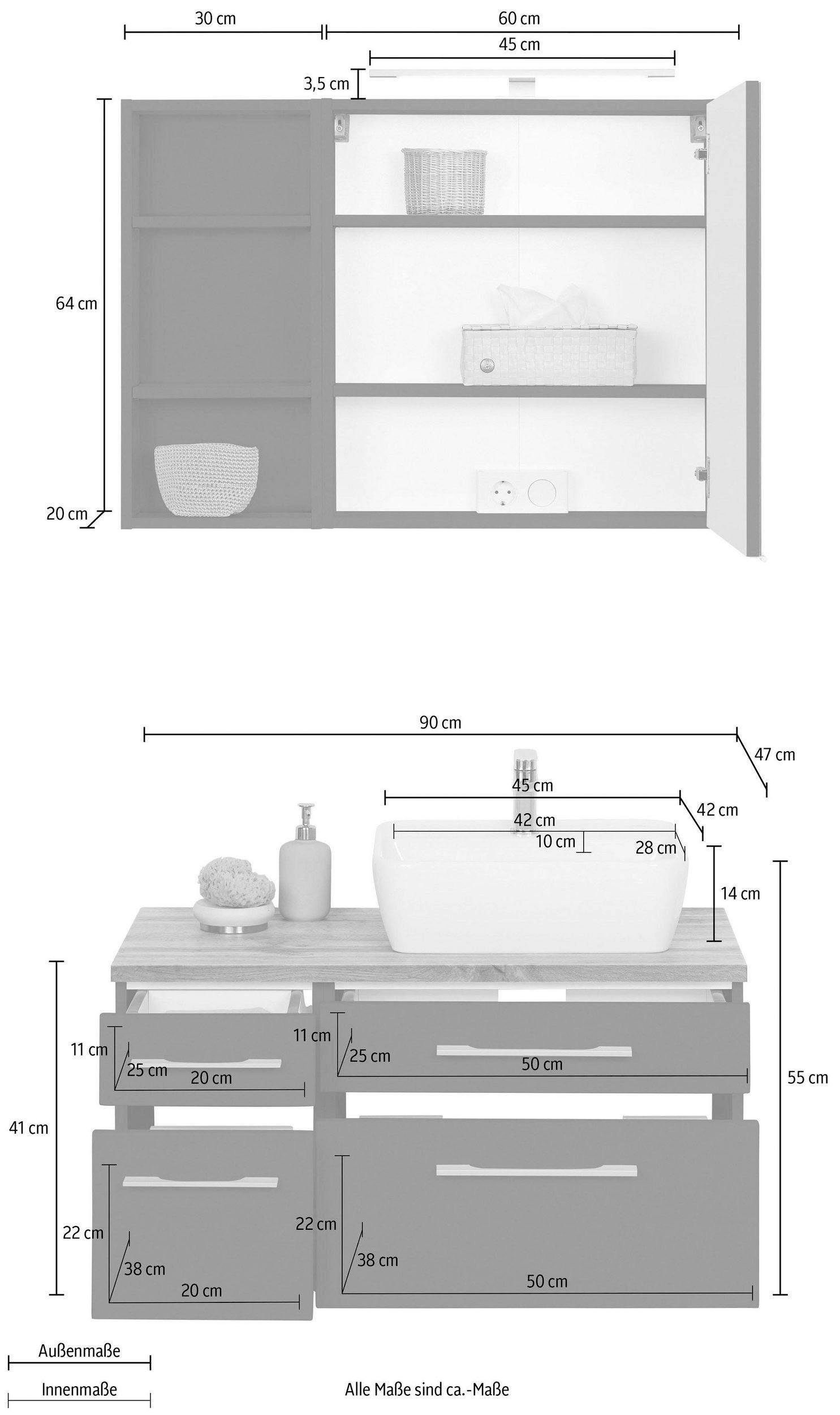 welltime Badkamerserie Davos Breedte 50 cm, met hoekige wasbak (3-delig)