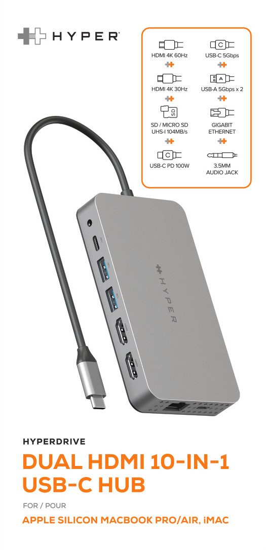 Targus Laptop-dockingstation HyperDrive dual 4K HDMI 10-in-1 USB-C hub voor M1/M2/M3 MacBooks