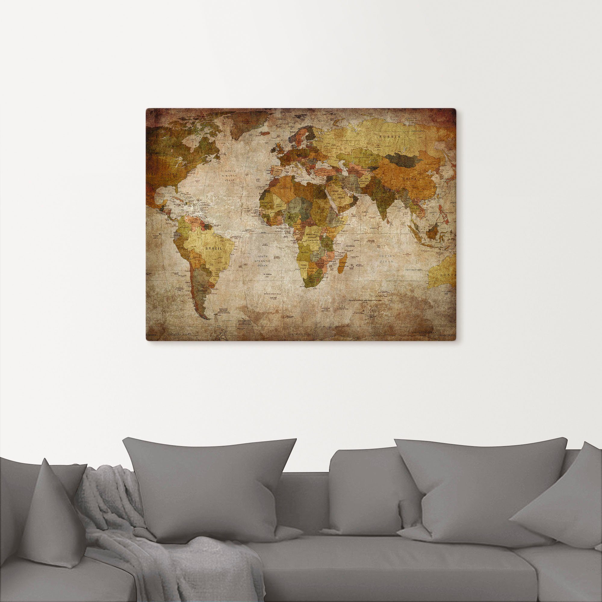 Artland Artprint Wereldkaart als artprint van aluminium, artprint voor buiten, artprint op linnen, poster, muursticker