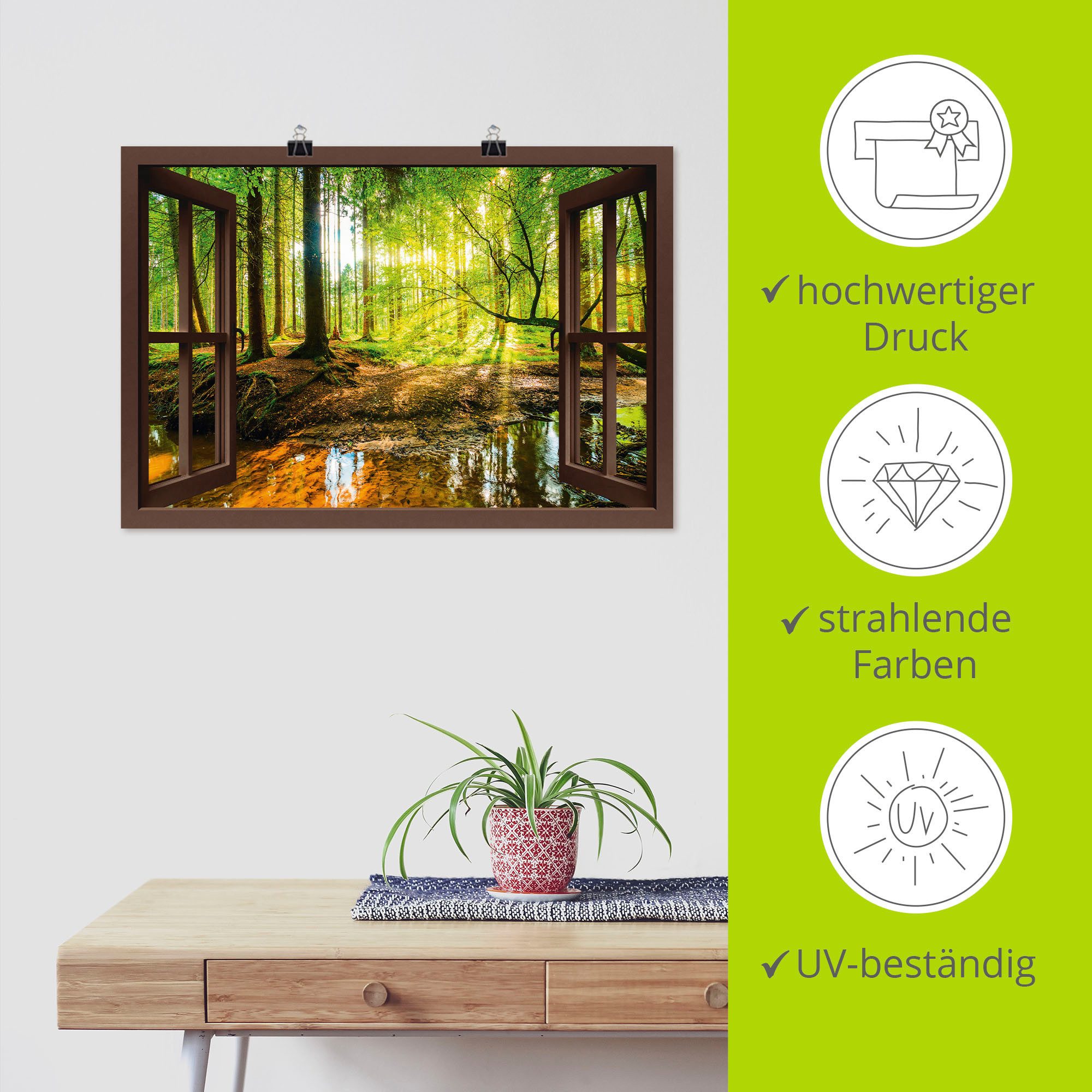 Artland Artprint Blik uit het venster - bos met beek als artprint op linnen, poster, muursticker in verschillende maten