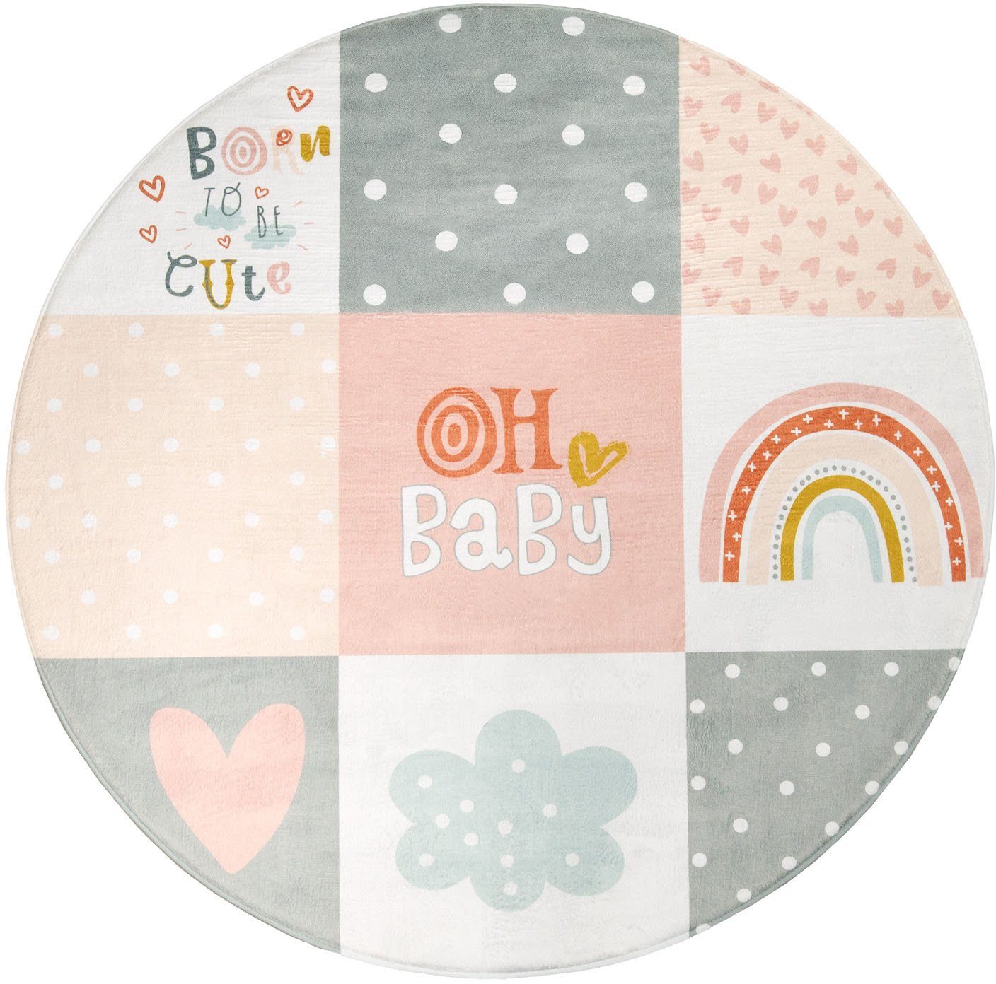 Paco Home Kindervloerkleed Chicos 554 geweven, patchworkdesign, met een opschrift & regenboog of sterretjes speelkleden maat Ø 120 cm x 2 mm roze