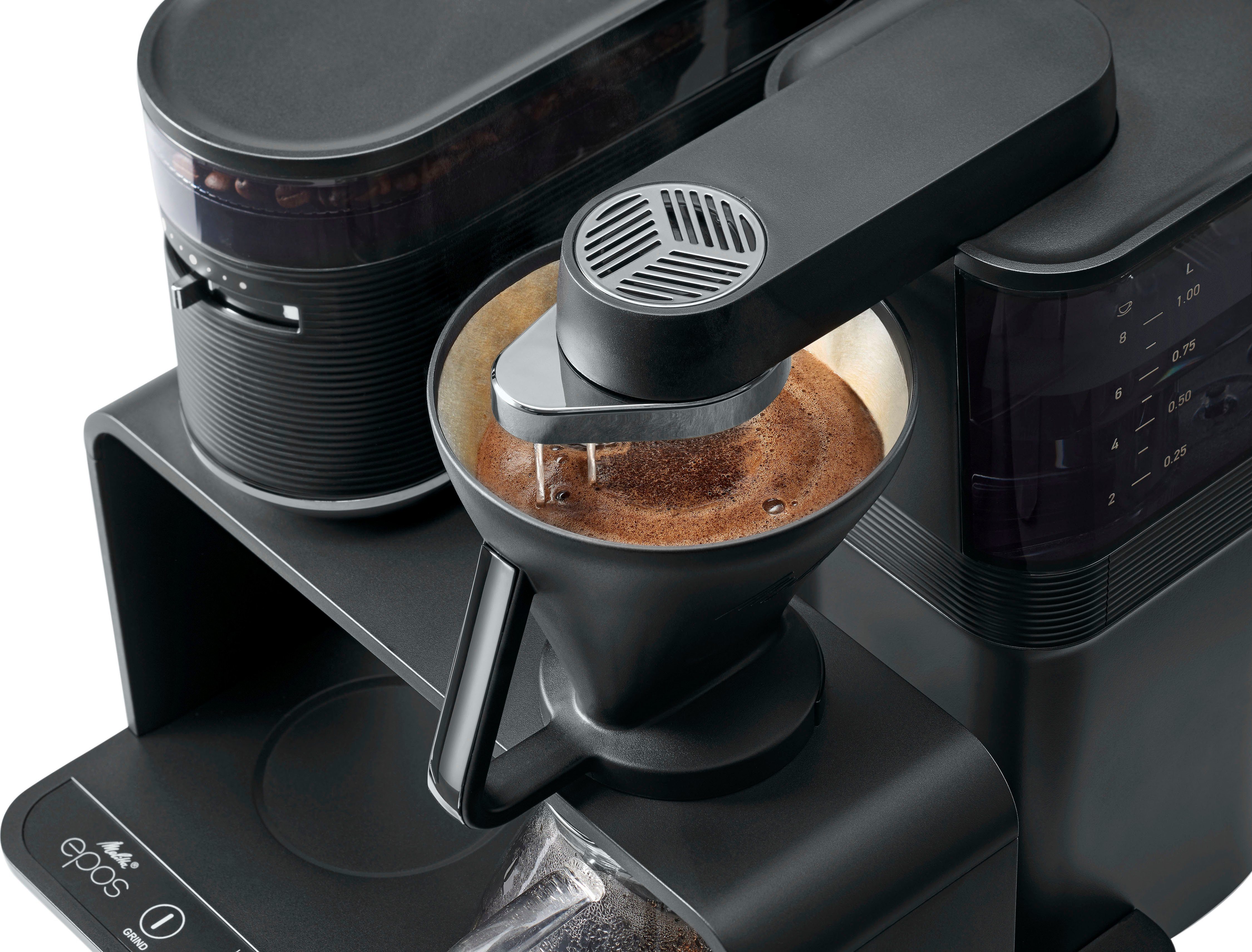 Melitta Koffiezetapparaat met bonenmaler EPOS® 1024-04, 1 l, Zwart/goudkleur, 360° draaibare watertuit