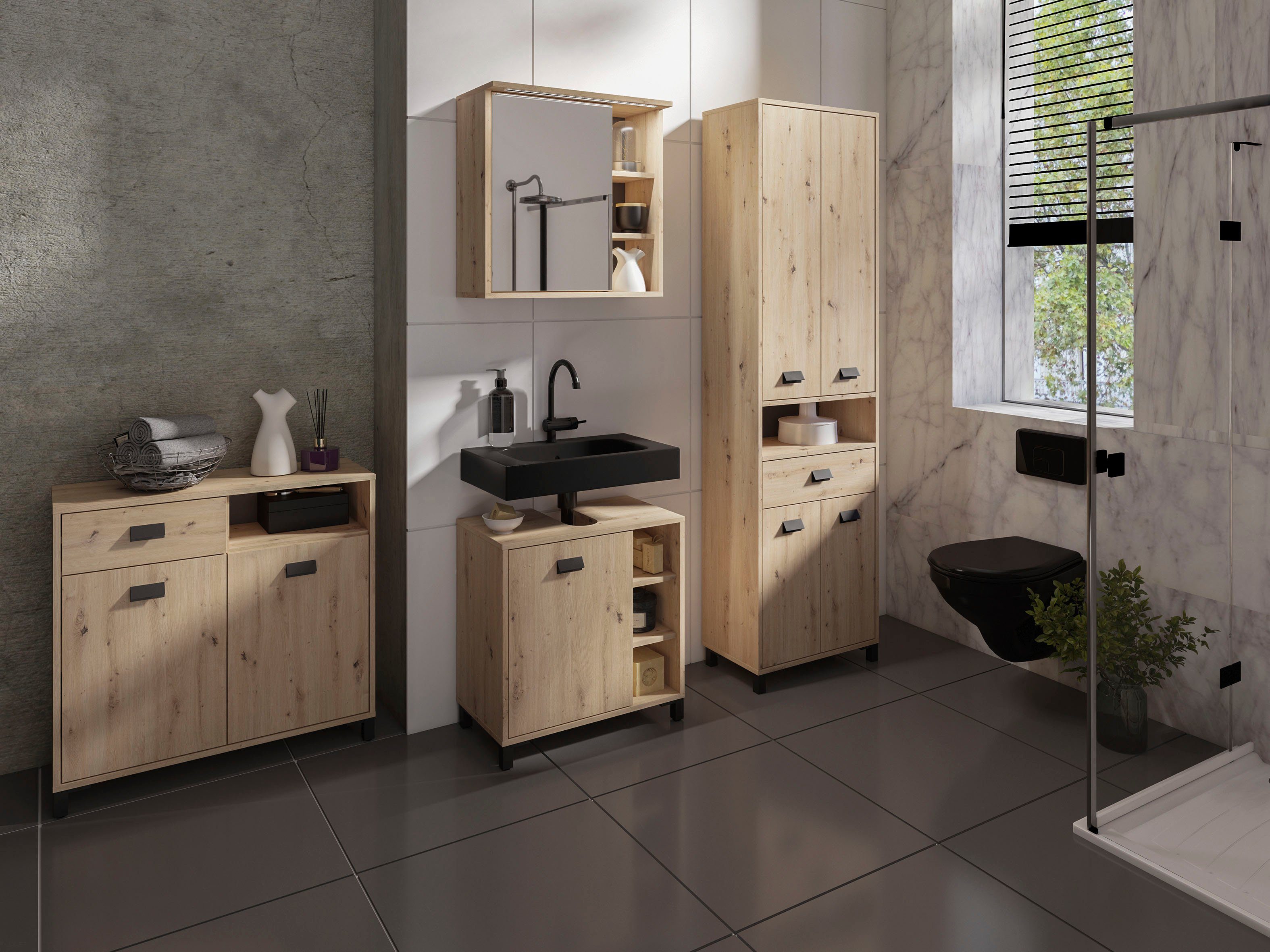 byLIVING Badkamerkast Wellness 80cm badkamercommode met metalen handgrepen en veel opbergruimte