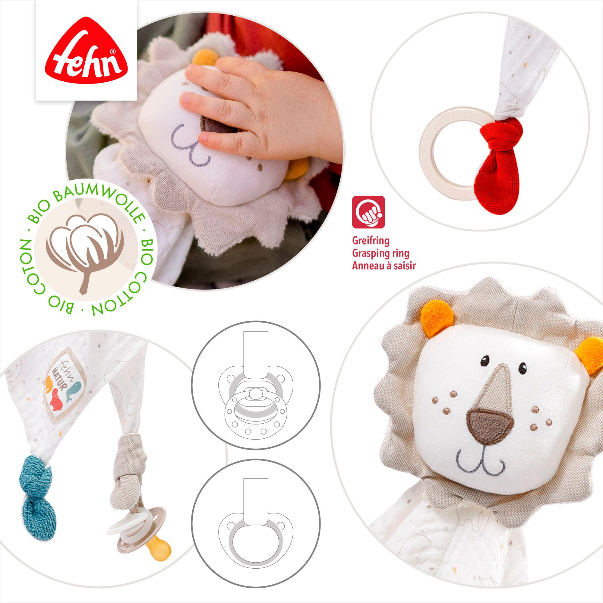 Fehn Knuffeldoek FehnNATUR, Leeuw Deluxe met bevestigingsring voor speen, bevat bio-katoen