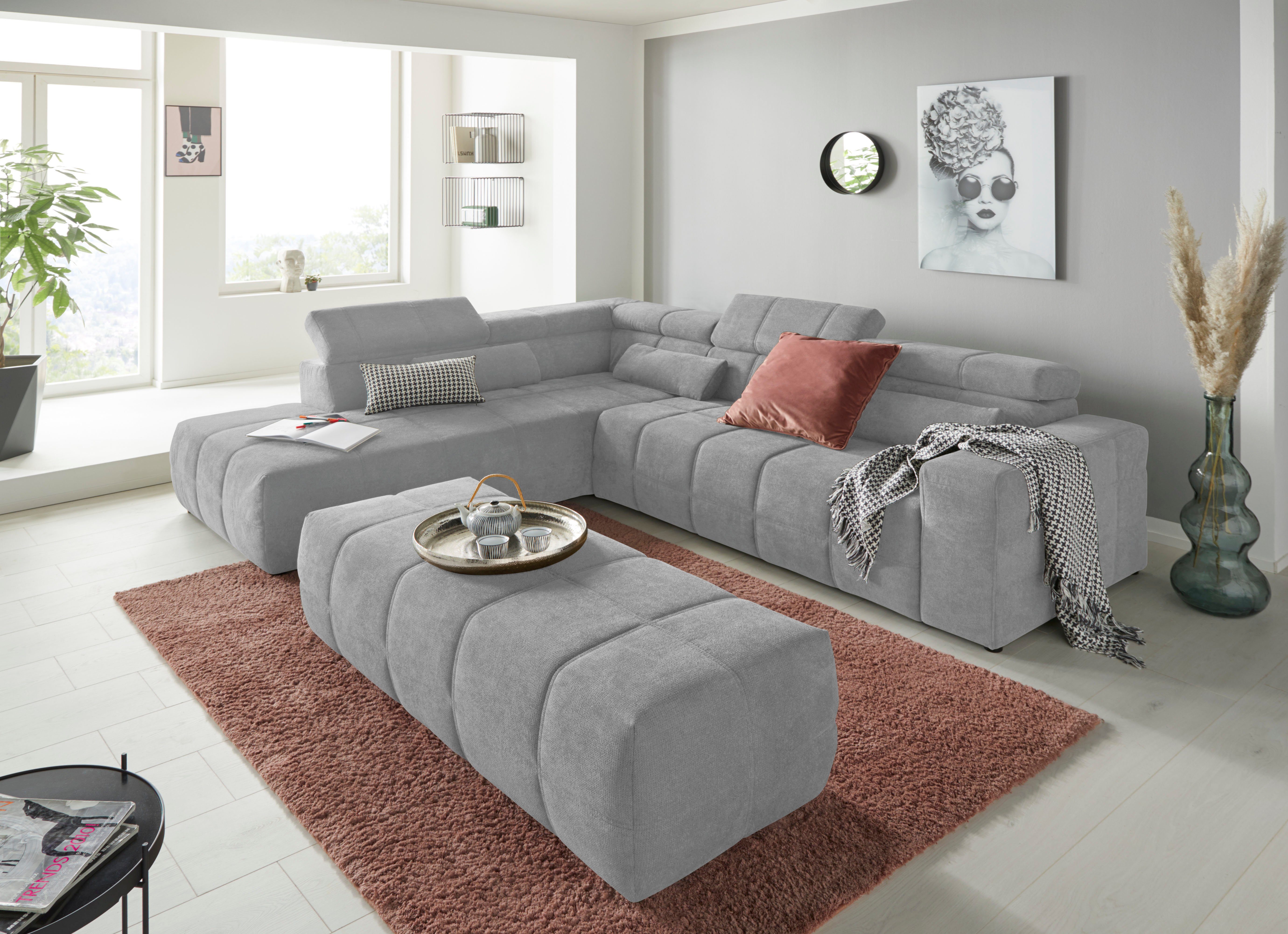 DOMO collection Hoekbank Brandon L-vorm, ook in leer met verstelbare hoofdsteun, naar keuze met verstelbare zitdiepte