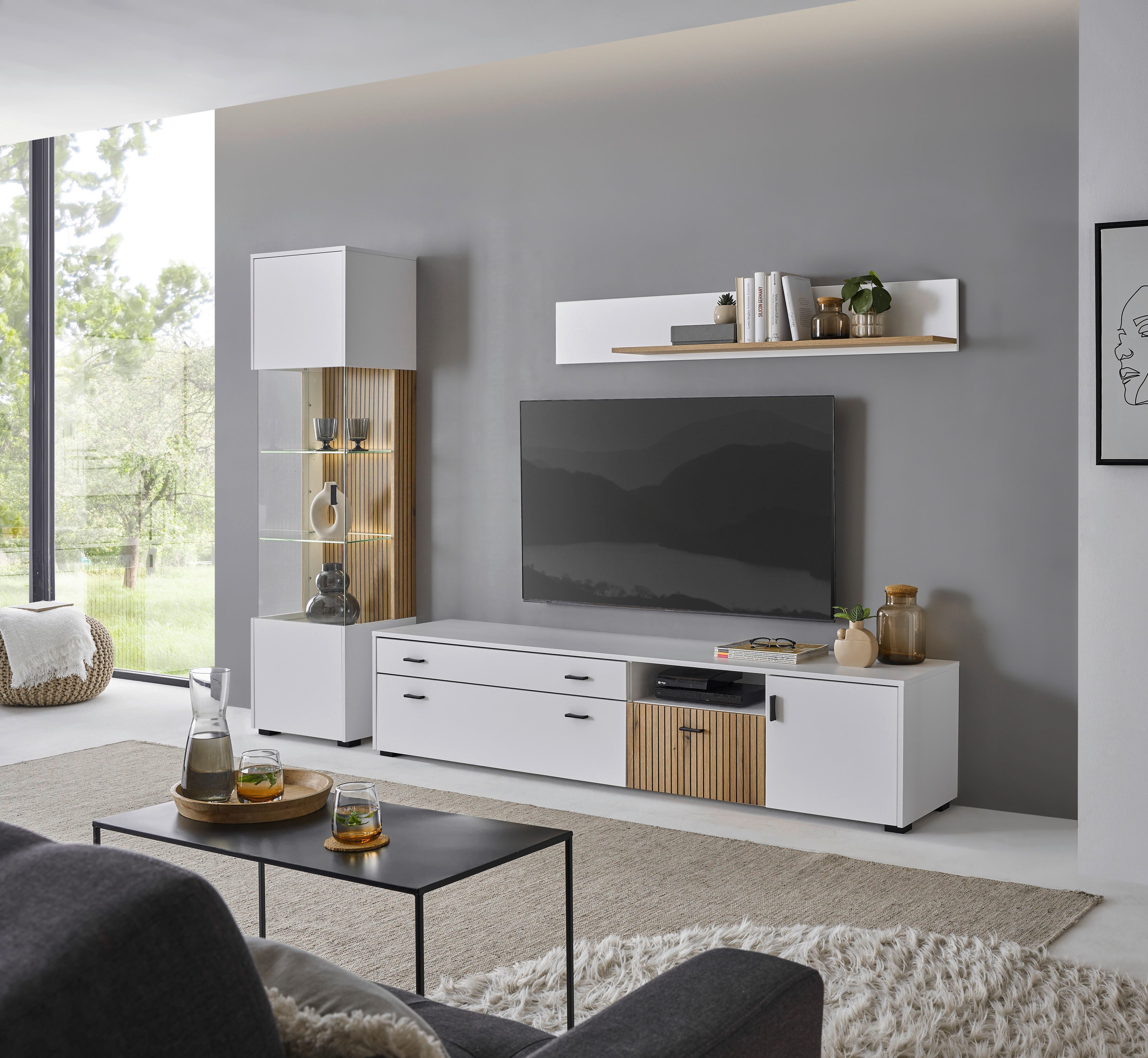 INOSIGN Wandmeubel Hudson met moderne groevenlook, handgrepen van metaal (zwart), breedte 316 cm (set, 3-delig)