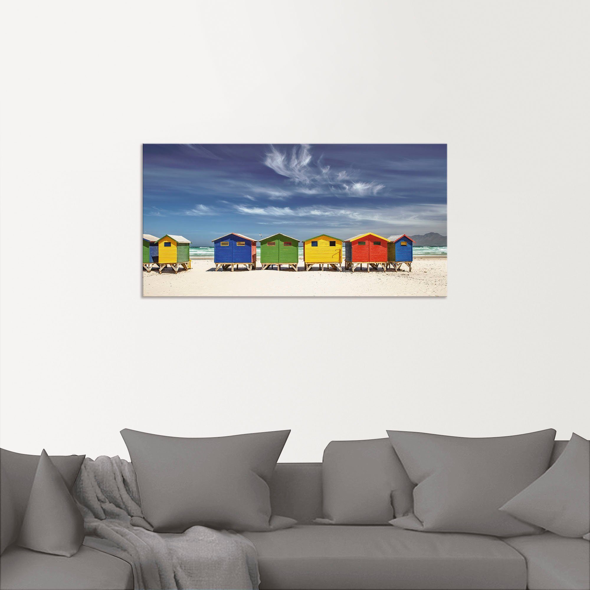 Artland Artprint Veelkleurige strandhuisjes bij Kaapstad als artprint van aluminium, artprint voor buiten, artprint op linnen, poster, muursticker
