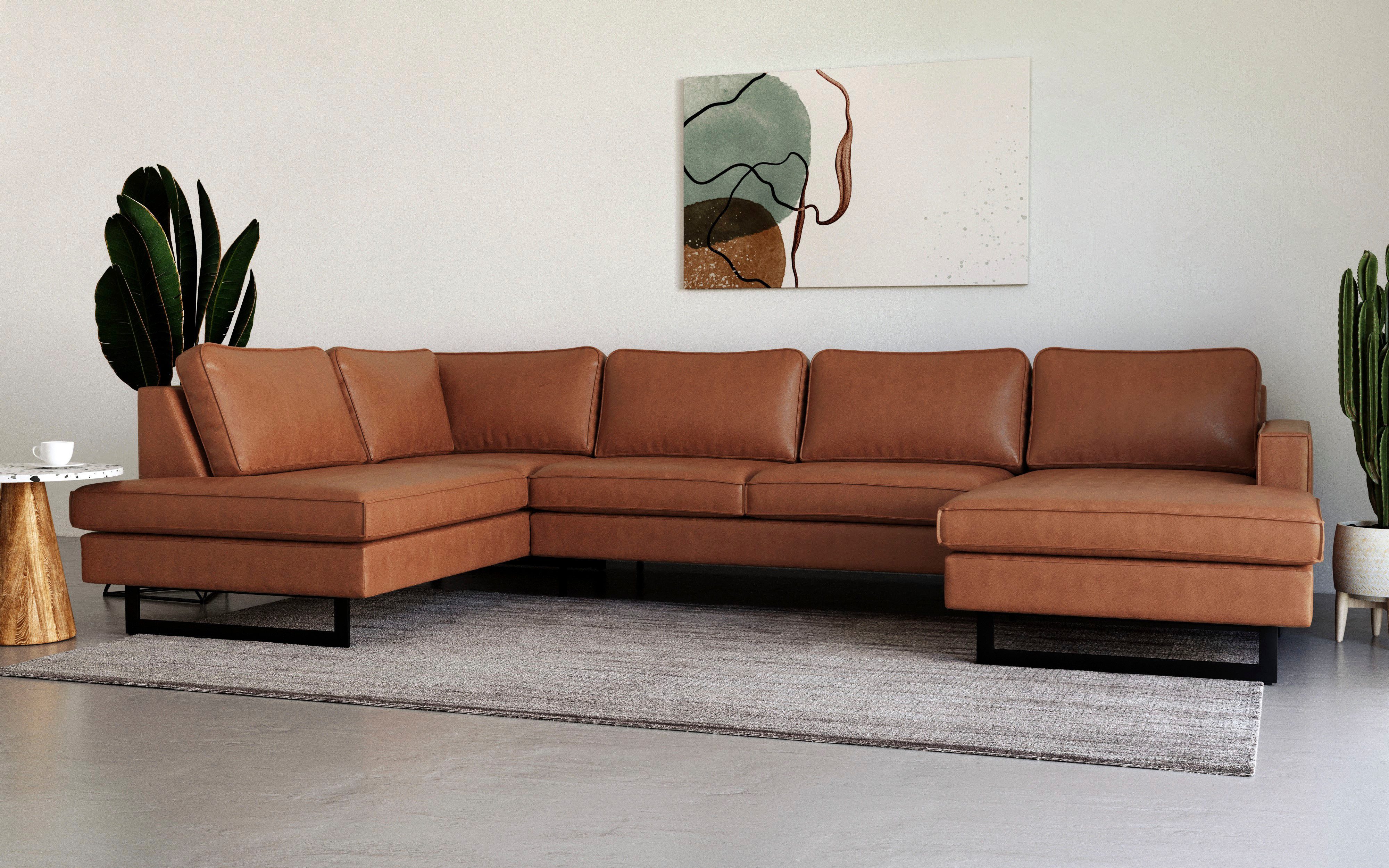 Places of Style Zithoek Pinto, 350 cm, U-vorm, XXL, met ottomanen Cord, chenille, leerlook, met bies, metalen voeten, golfondersteuning
