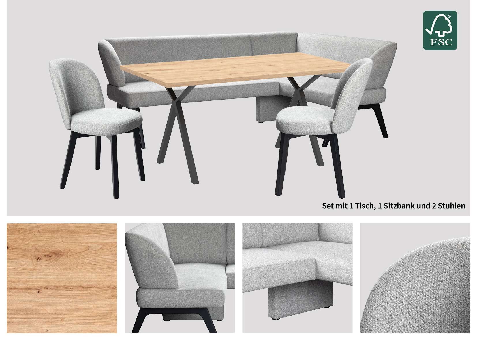 Home affaire Eethoek Aretha eetkamerset, zitgroep, hoekbank, keukenbank Eetkamer zitgroep, tafel, stoelen en bank gestoffeerd, Nosag-vering (4-delig)