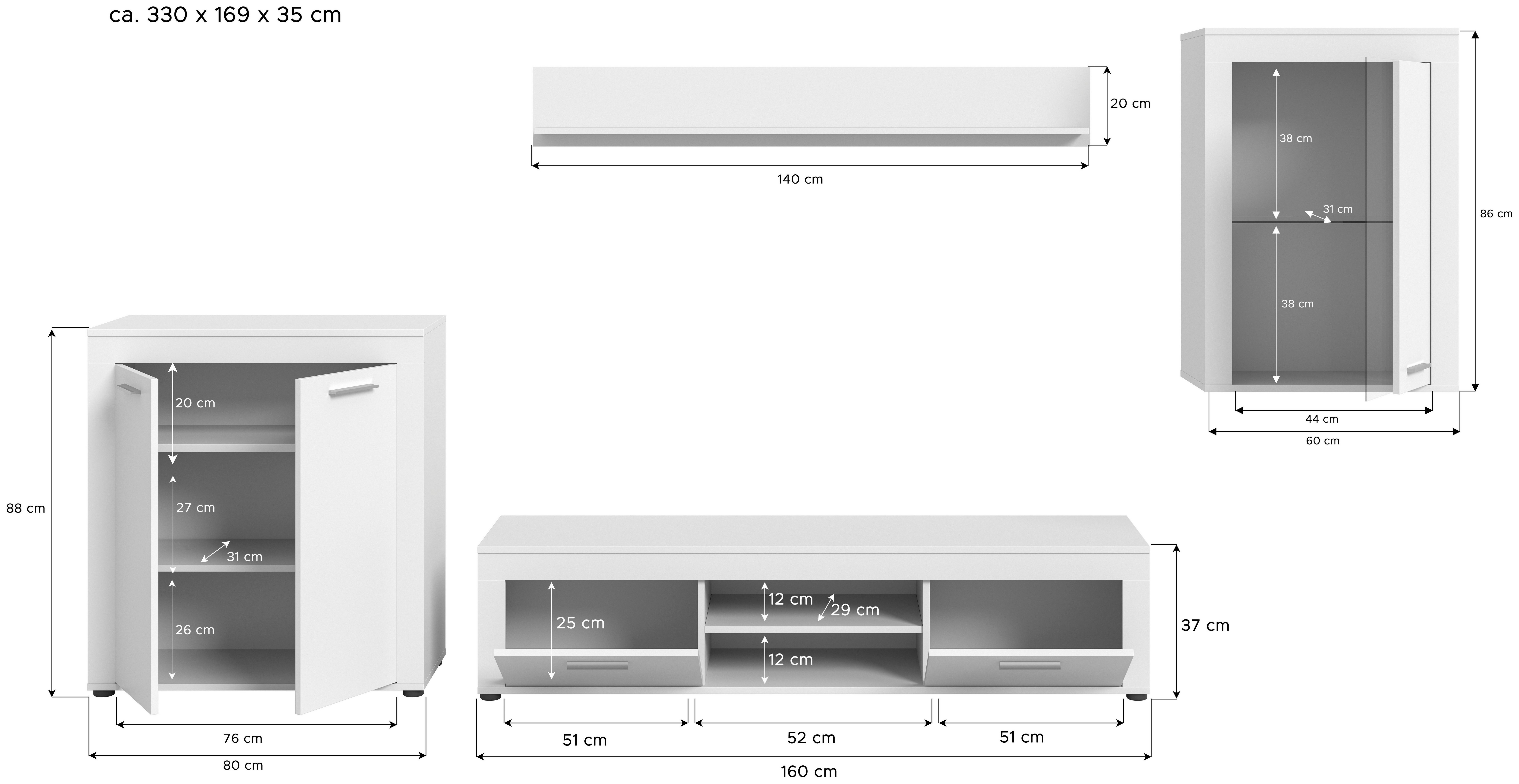 INOSIGN Wandmeubel Aosta, 4-delig, bestaande uit: highboard, lowboard, wandplank & vitrinekast (4-delig)