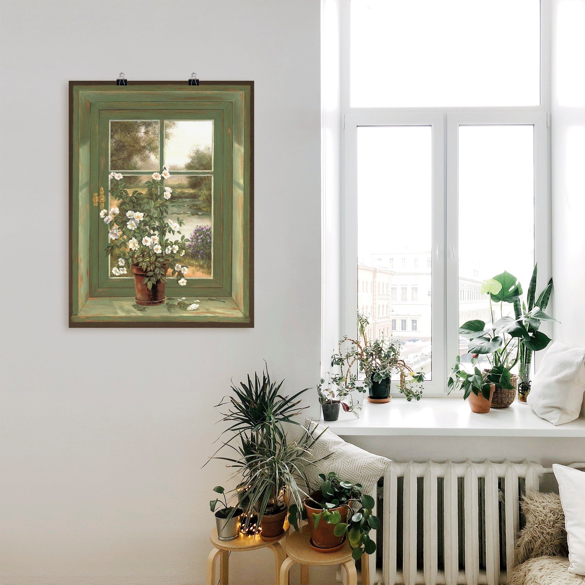 Artland Artprint Wilde rozen bij het raam als artprint van aluminium, artprint voor buiten, artprint op linnen, poster, muursticker