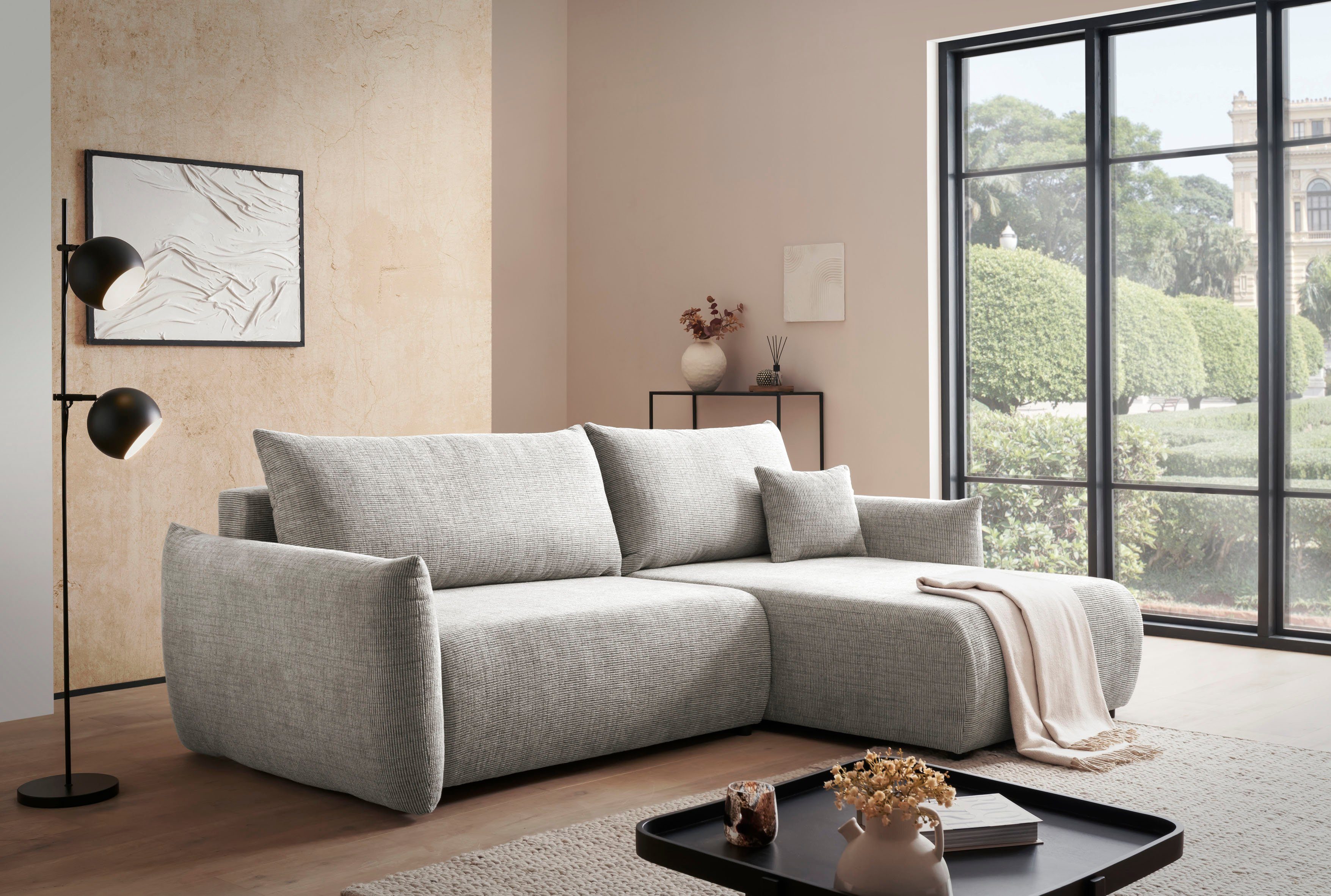 INOSIGN Hoekbank MAVAS bedbank met bedkist, L-model, ca. 257/127 cm (ligoppervlak 212/145 cm), ribfluweel, chenille, structuur