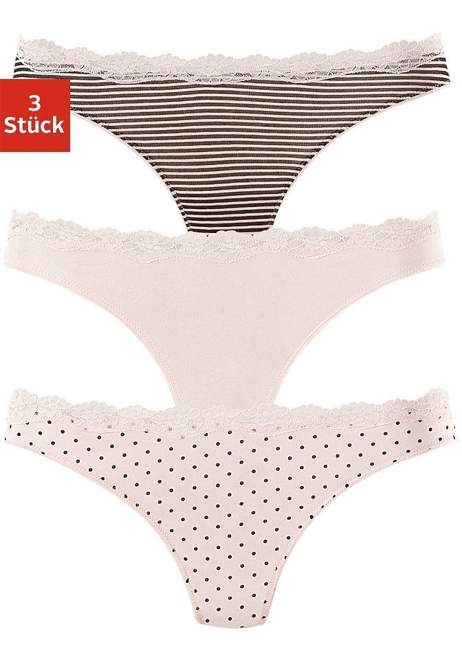 Lascana String van elastische katoen met delicate kant (3 stuks) dames strings maat 36/38 roze