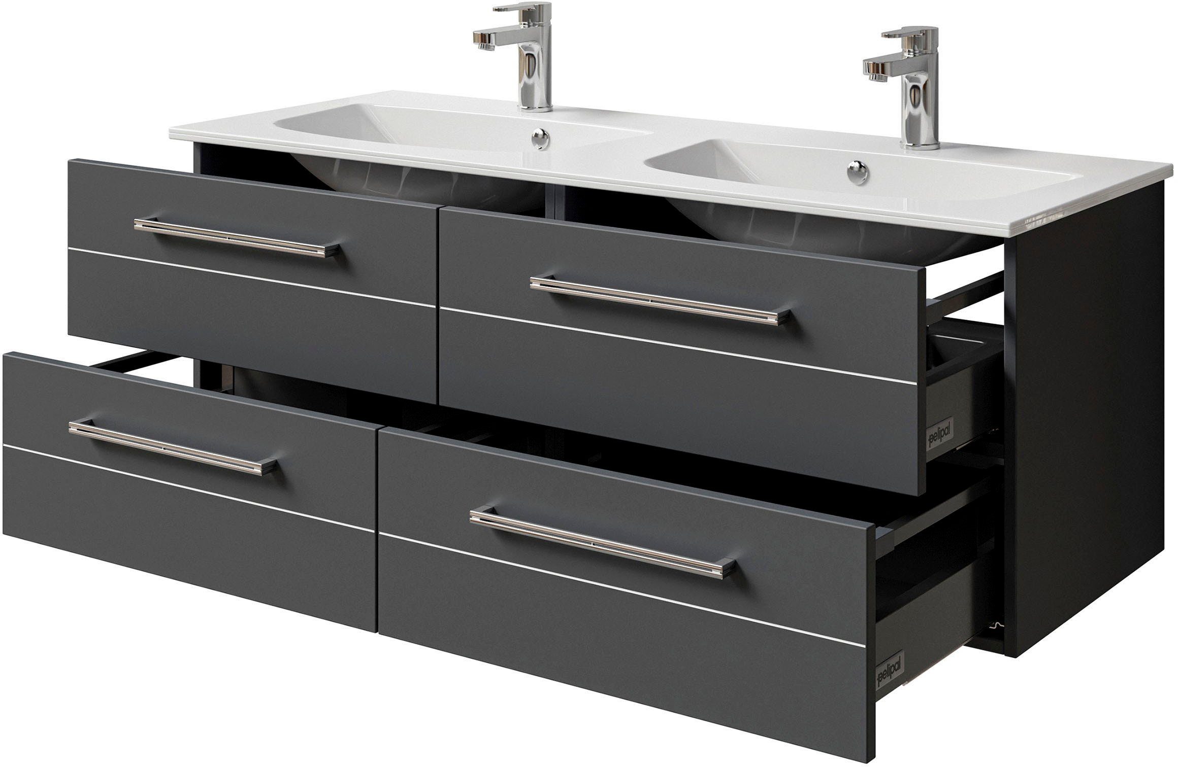 Saphir Badkamerserie Serie 6025 2-delig, mineraalmarmeren wastafel met led-spiegelkast Wastafelmeubel 132 cm breed, 4 laden, 2 spiegeldeuren, incl. deurdemper (2-delig)