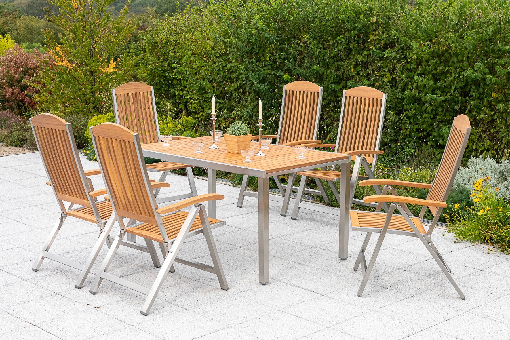 MERXX Tuin-eethoek Keros 6 klapstoelen met tafel (7-delig) tuinsets beige