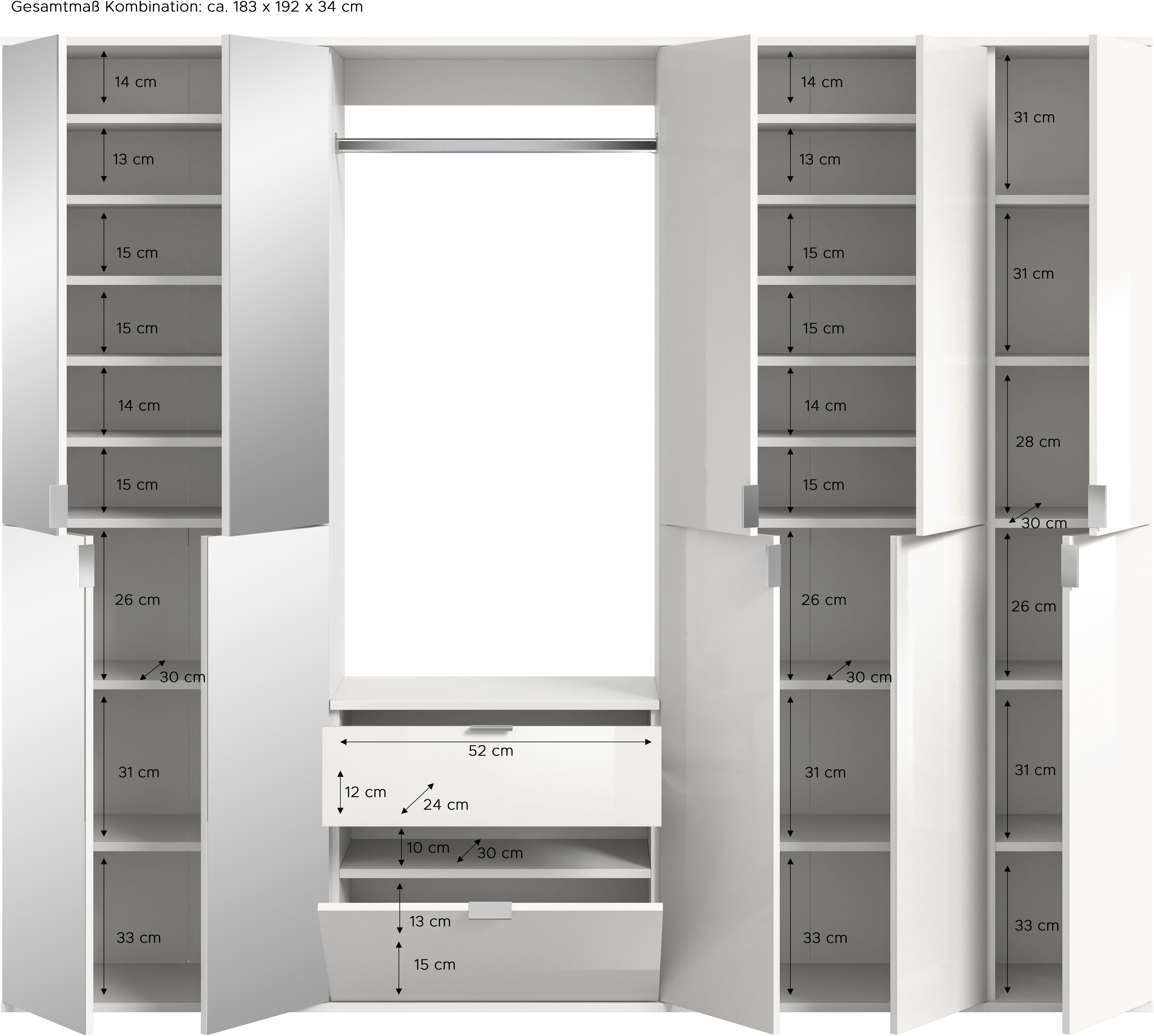 INOSIGN Halmeubelset Trondheim, Breedte 183 cm, 5-delig, bestaande uit: 2x garderobekast, 1 commode, 1 kledingstang, 1 legplank (set, 4-delig)