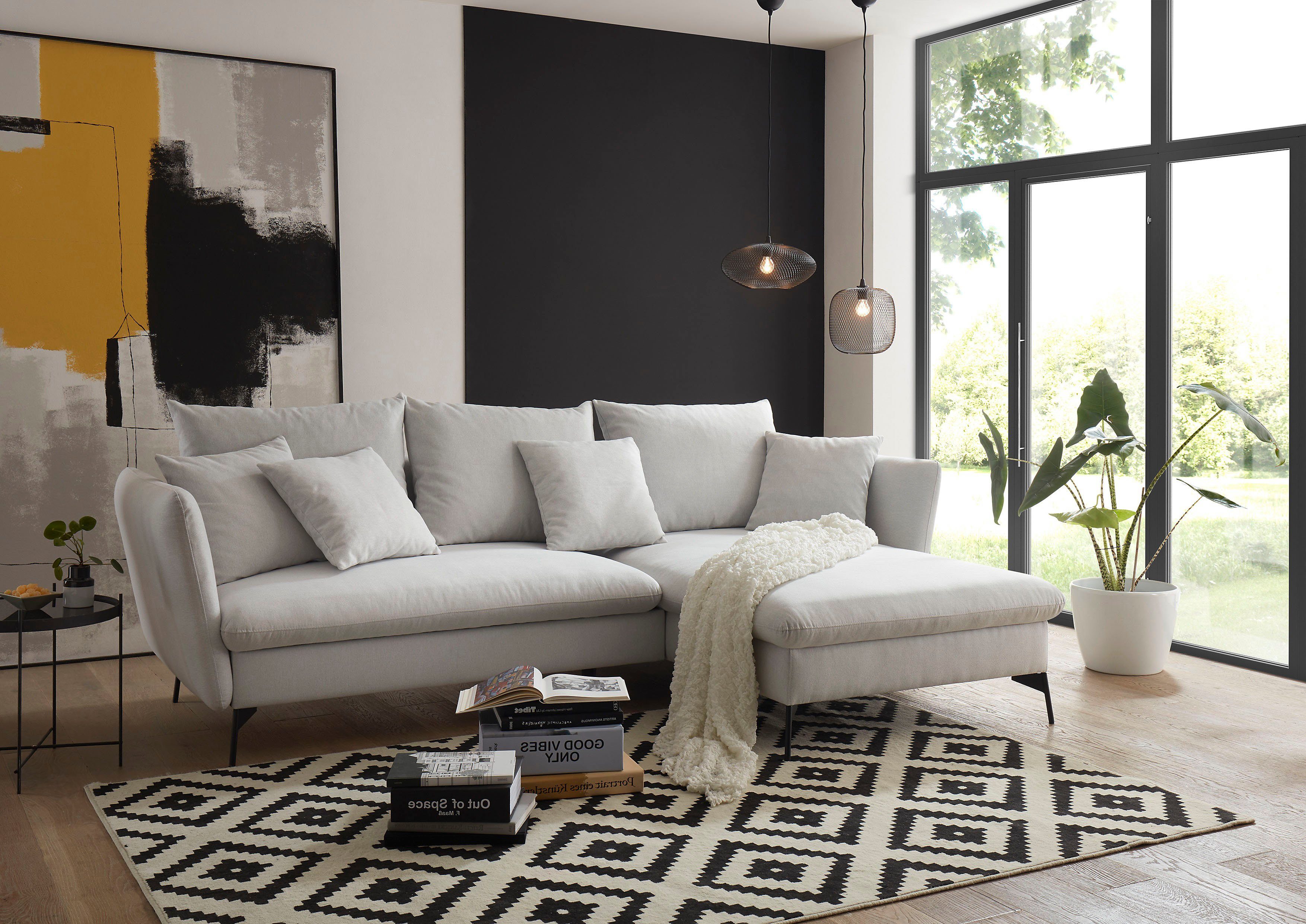 andas Hoekbank LIVORNO,258 cm, L-model, Slaapfunctie en bedlade (139/224 cm), fluweel, structuur, geweven stof
