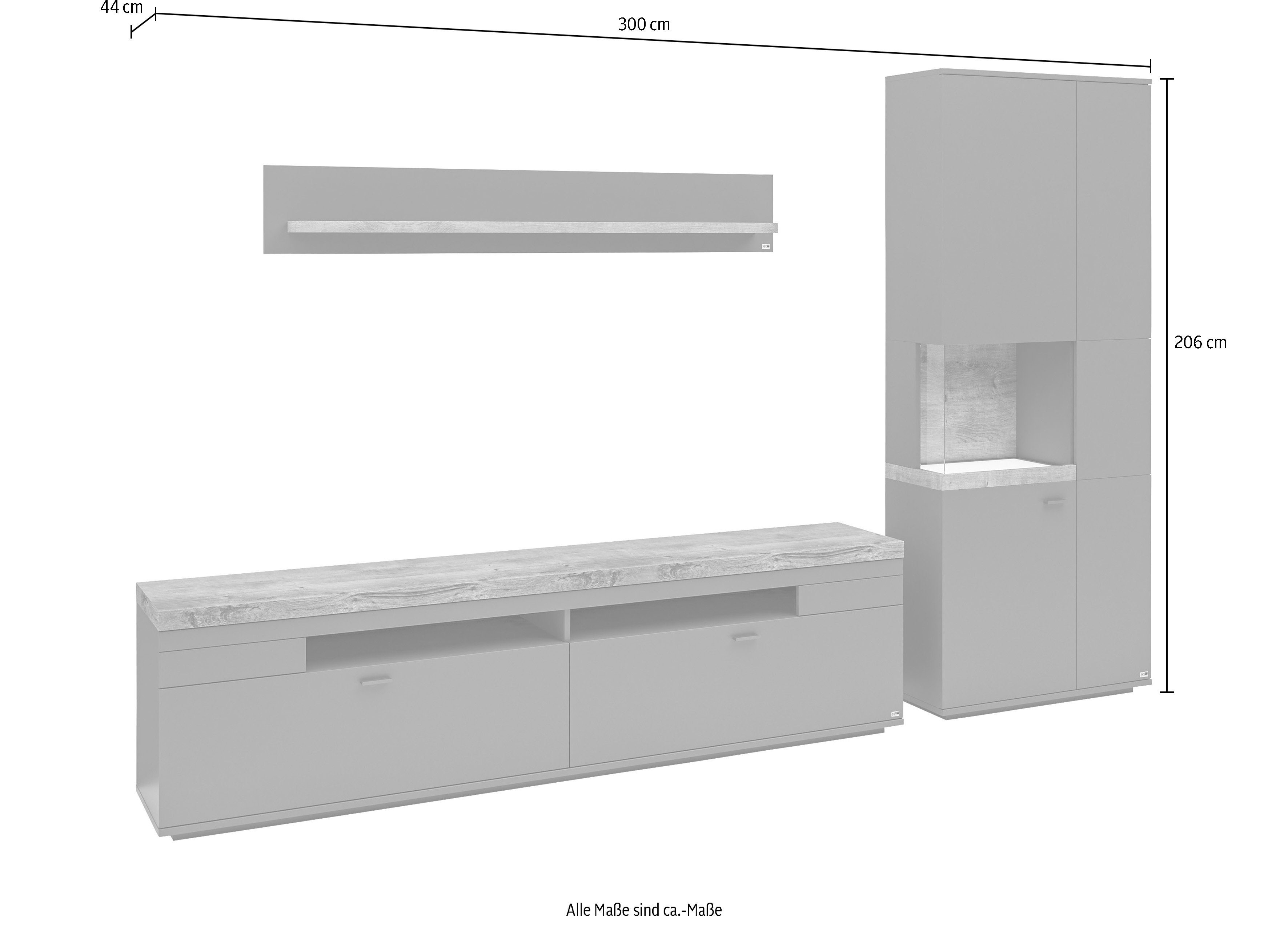 set one by Musterring Wandmeubel Lancaster 3-delig met fronten in wit of grijs, breedte ca.300 cm