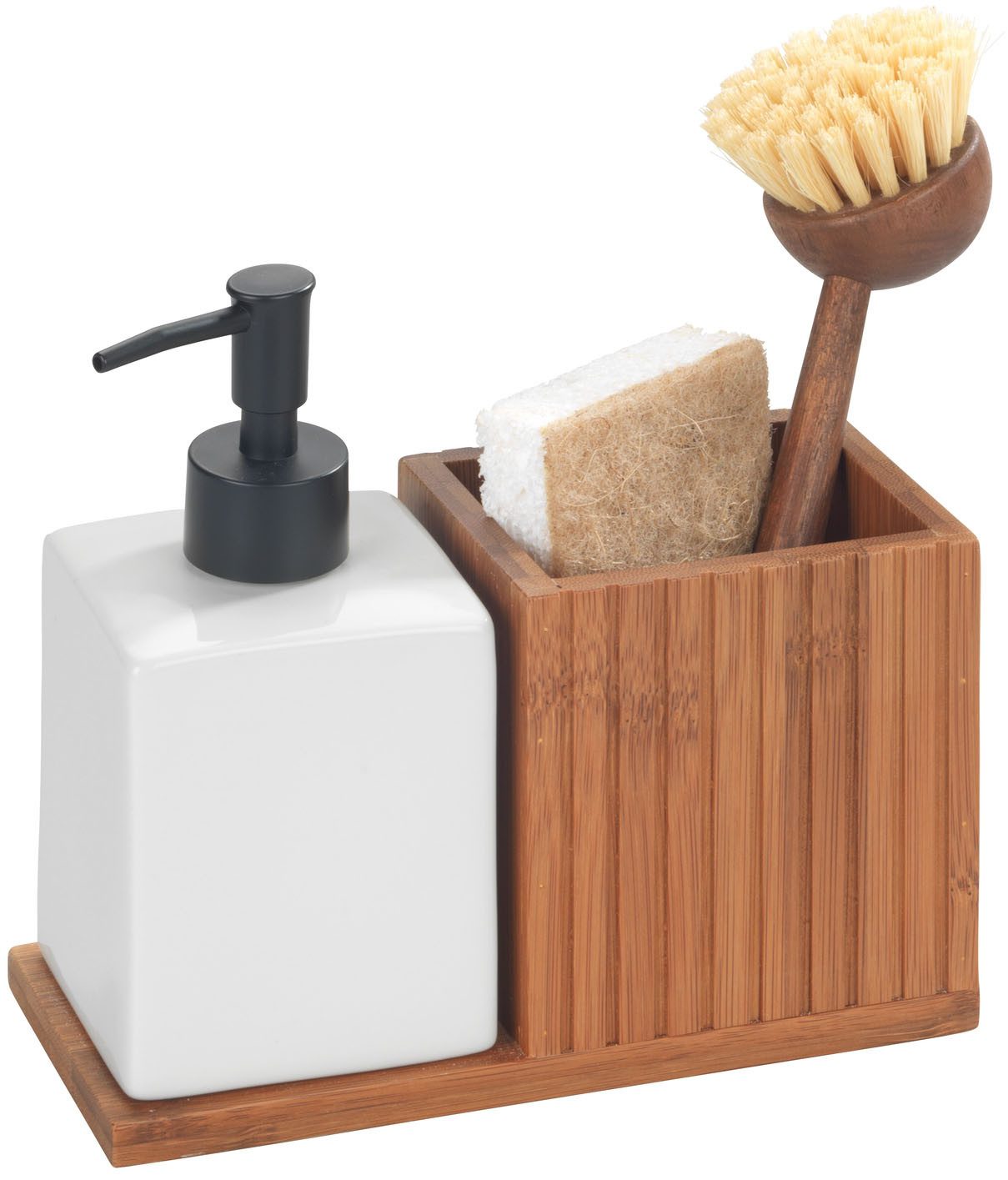 WENKO Dispenser voor afwasmiddel Modell Mera met utensilienhouder, keramiek & gerookt bamboe, landhuisstijl