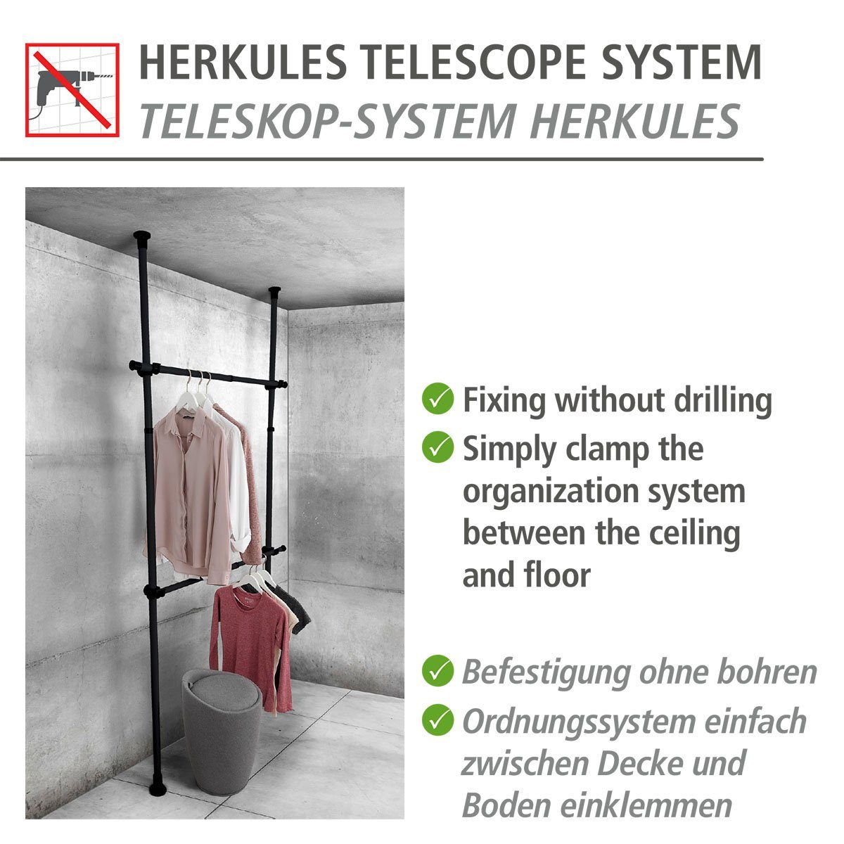 WENKO Garderobestang Herkules uittrekbaar tot120 cm (2-delig)