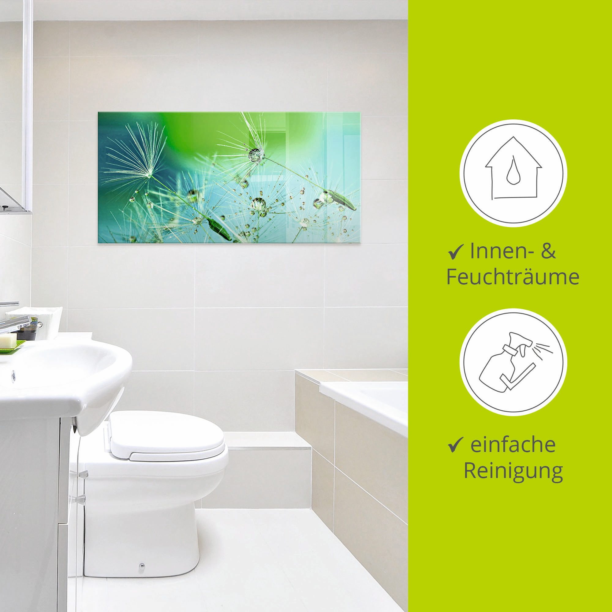 Artland Print op glas Glinsterende pluizenbol met waterdruppels