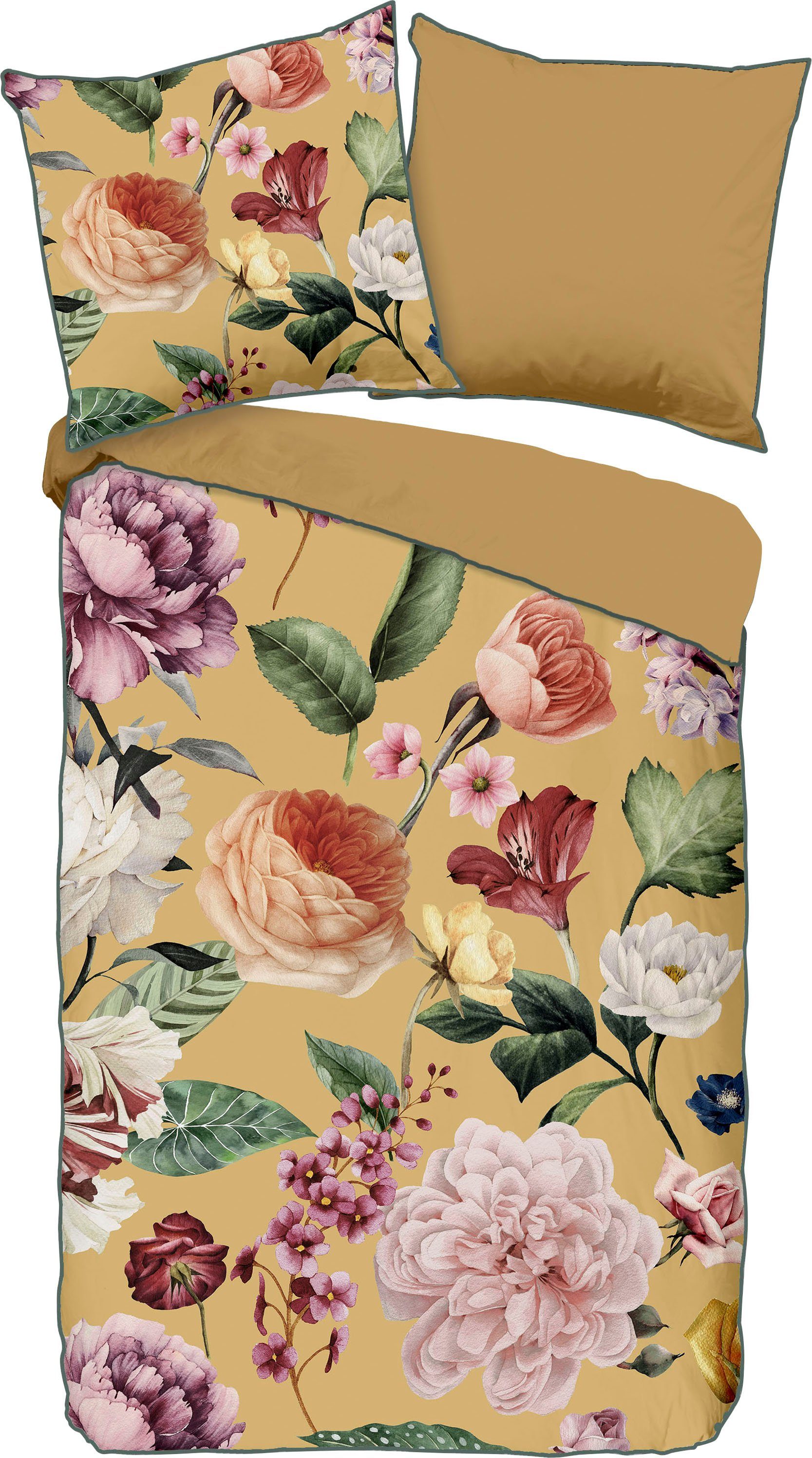 Descanso Tweezijdig te gebruiken overtrekset Fiori Katoen, Satijn, 135x200, Bies, Rits, Omkeerbaar, Bloemen Zand