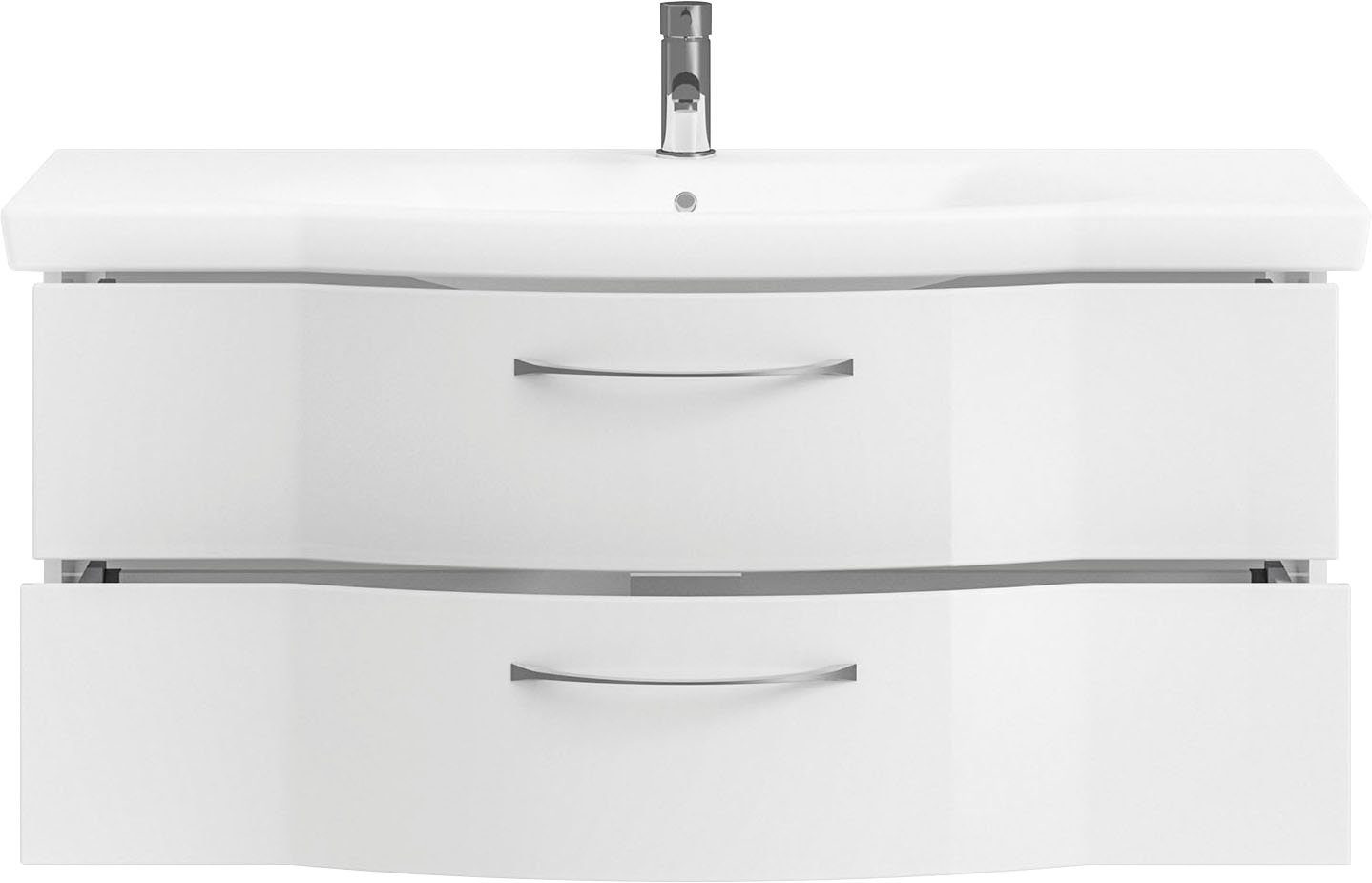 Saphir Badkamerserie 6005 sprint keramiek-wastafelonderkast met led-spiegelkast, 122 cm breed Wastafelmeubel inclusief deurdemper, 3 deuren, 2 laden, wastafelonderkast set (2-delig)