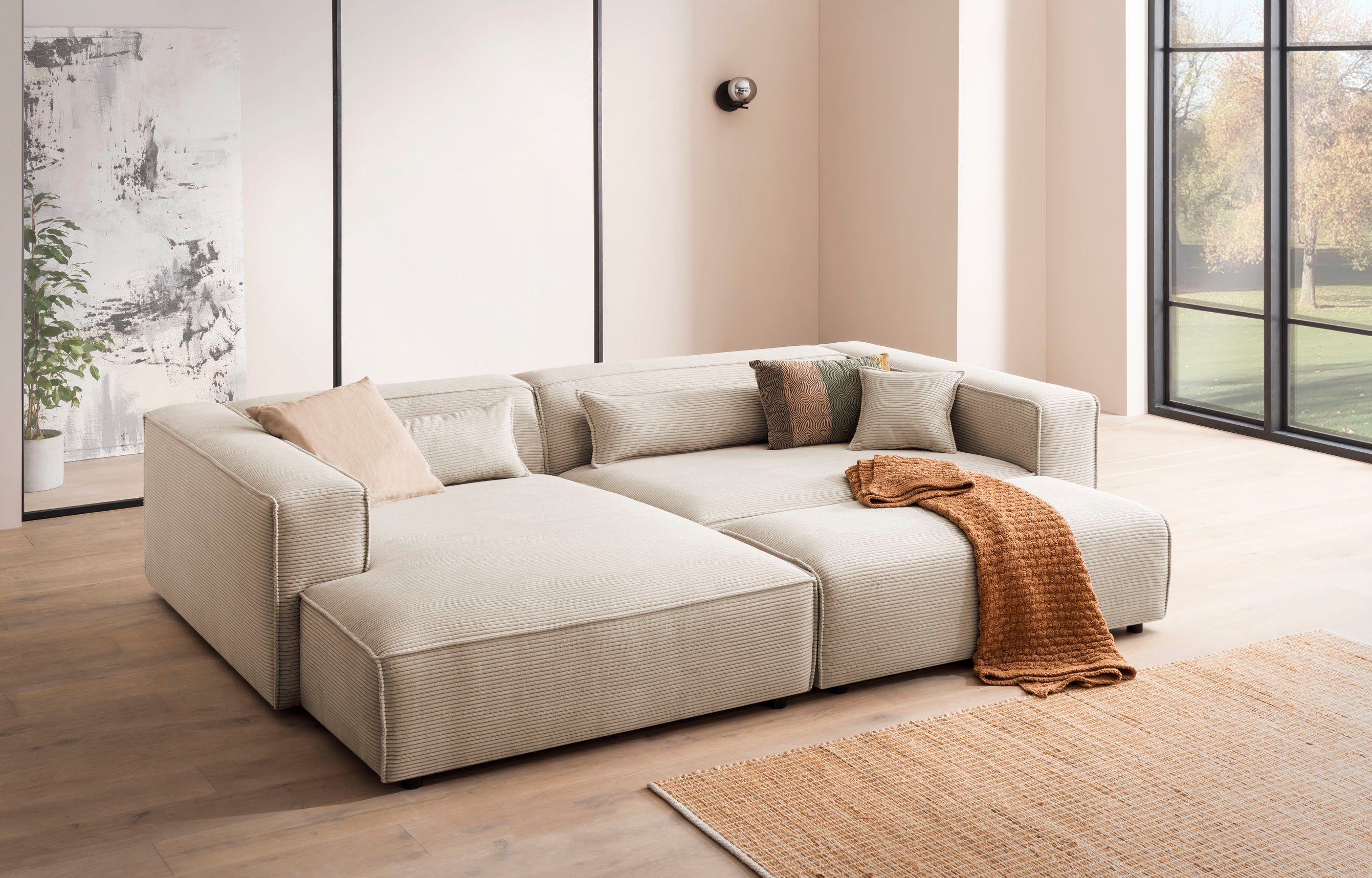 LeGer Home by Lena Gercke Hoekbank PIARA XXL, L-vorm met slaapfunctie, Big-sofa in cord of linnenlook Hocker verstelbaar tot slaapbank (krokodillenverbinder), diepe zitting