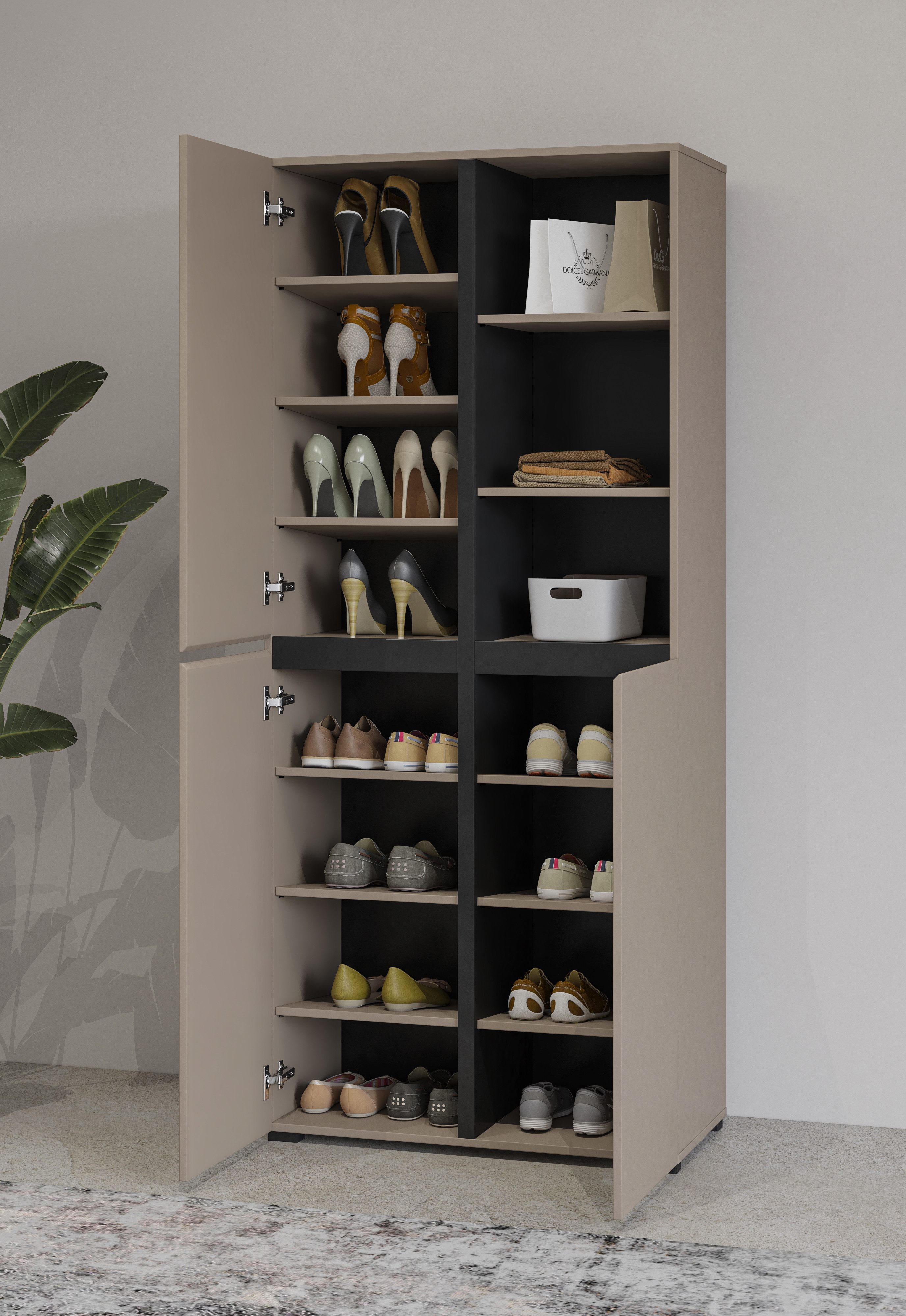 INOSIGN Schoenenkast Cross, Hoogte 183,5cm, moderne greeploze schoenenrek met 3 deuren Hoge kast met veel opbergruimte, plaats voor ongeveer 24 paar schoenen