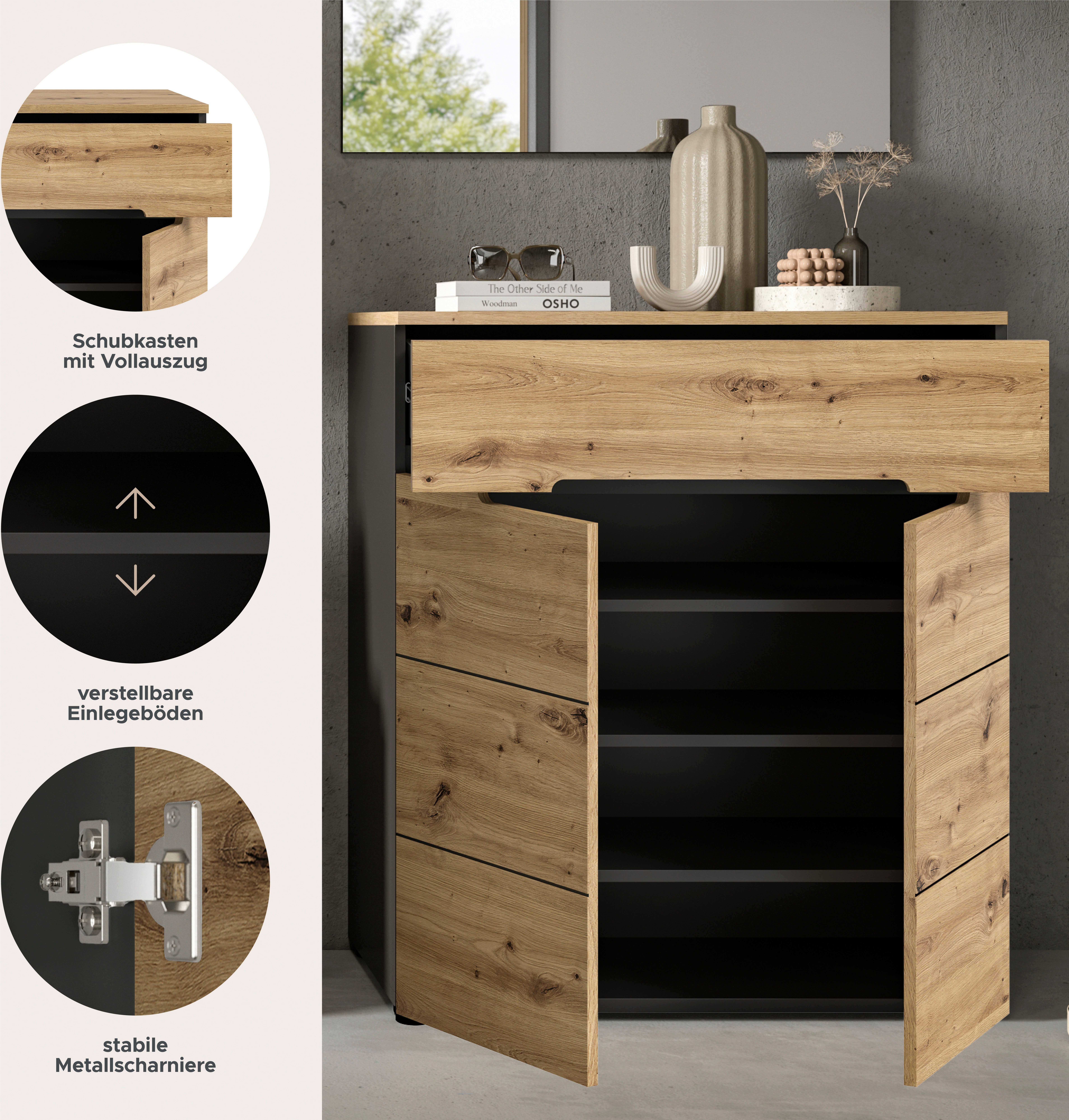 INOSIGN Schoenenkast Rehat, Breedte 80cm, Basaltgrijs/Artisan Eik, 2 deuren, 1 lade