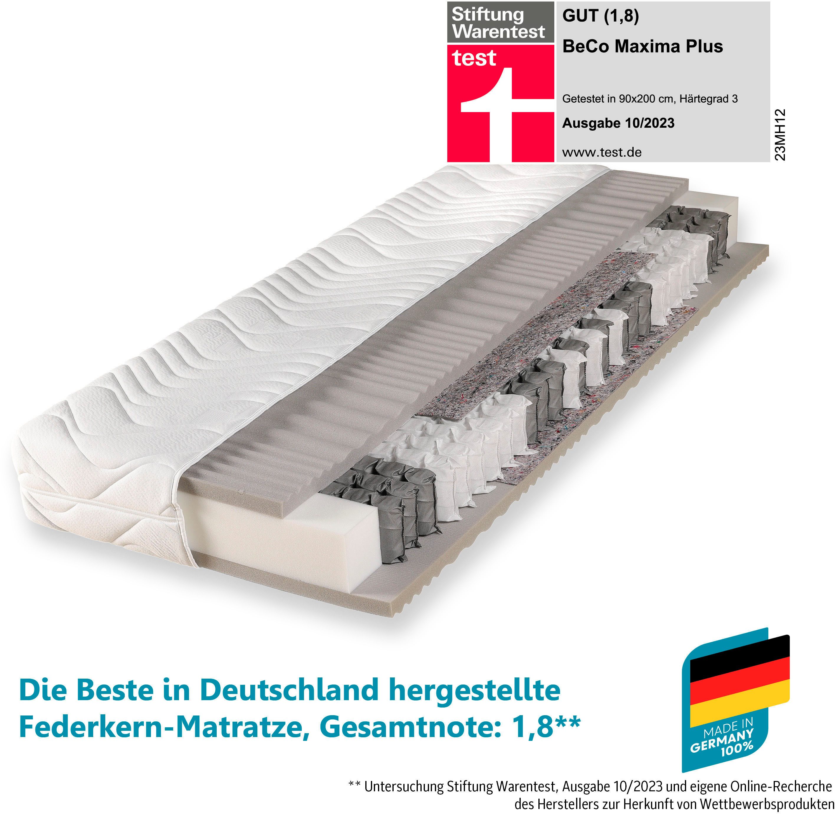 Beco Pocketveringsmatras Maxima Plus, matras in 90x200 en vele andere maten beschikbaar! Matras, 7 zones, 90x200 cm in H3 van Stiftung Warentest "GOED