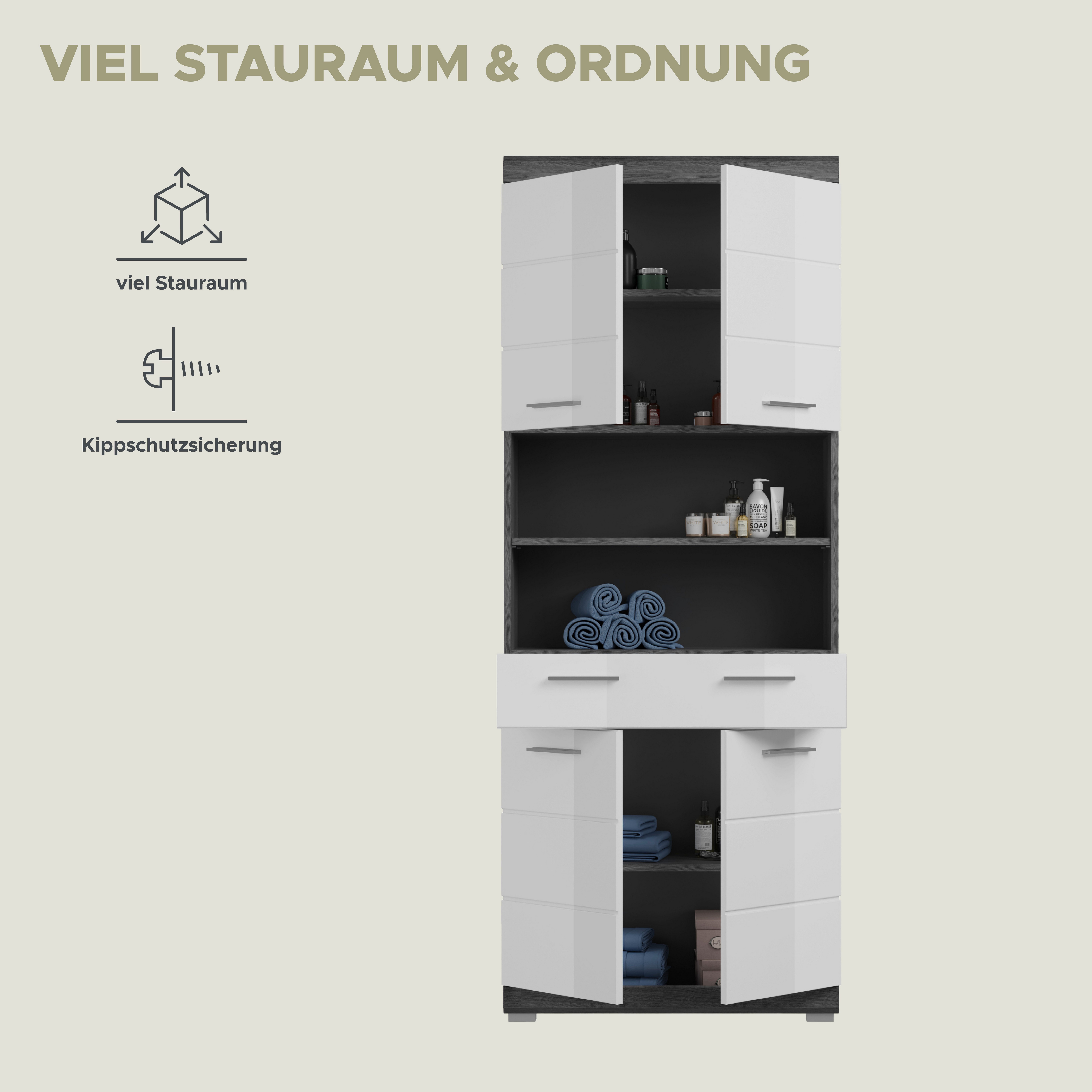 INOSIGN Hoge kast Siena, breedte 74 cm, 4 deuren, 1 lade, 2 open vakken, MDF-front in verschillende kleuren verkrijgbaar, badkamermeubels, badkamerkast, kast, badkamer