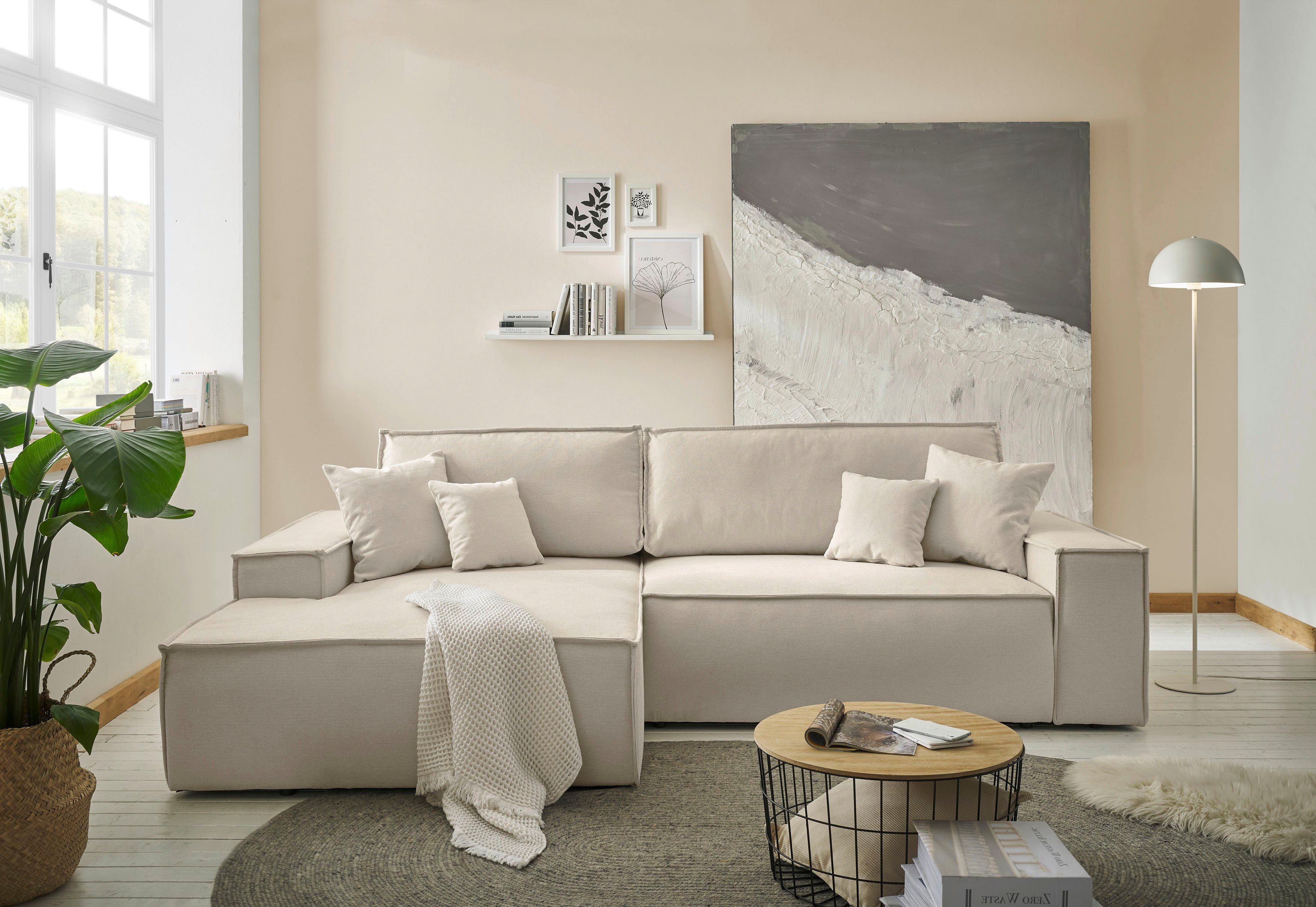 andas Hoekbank Finnley slaapbank 267 cm in Bouclé, fijne structuur en cord, L-vorm