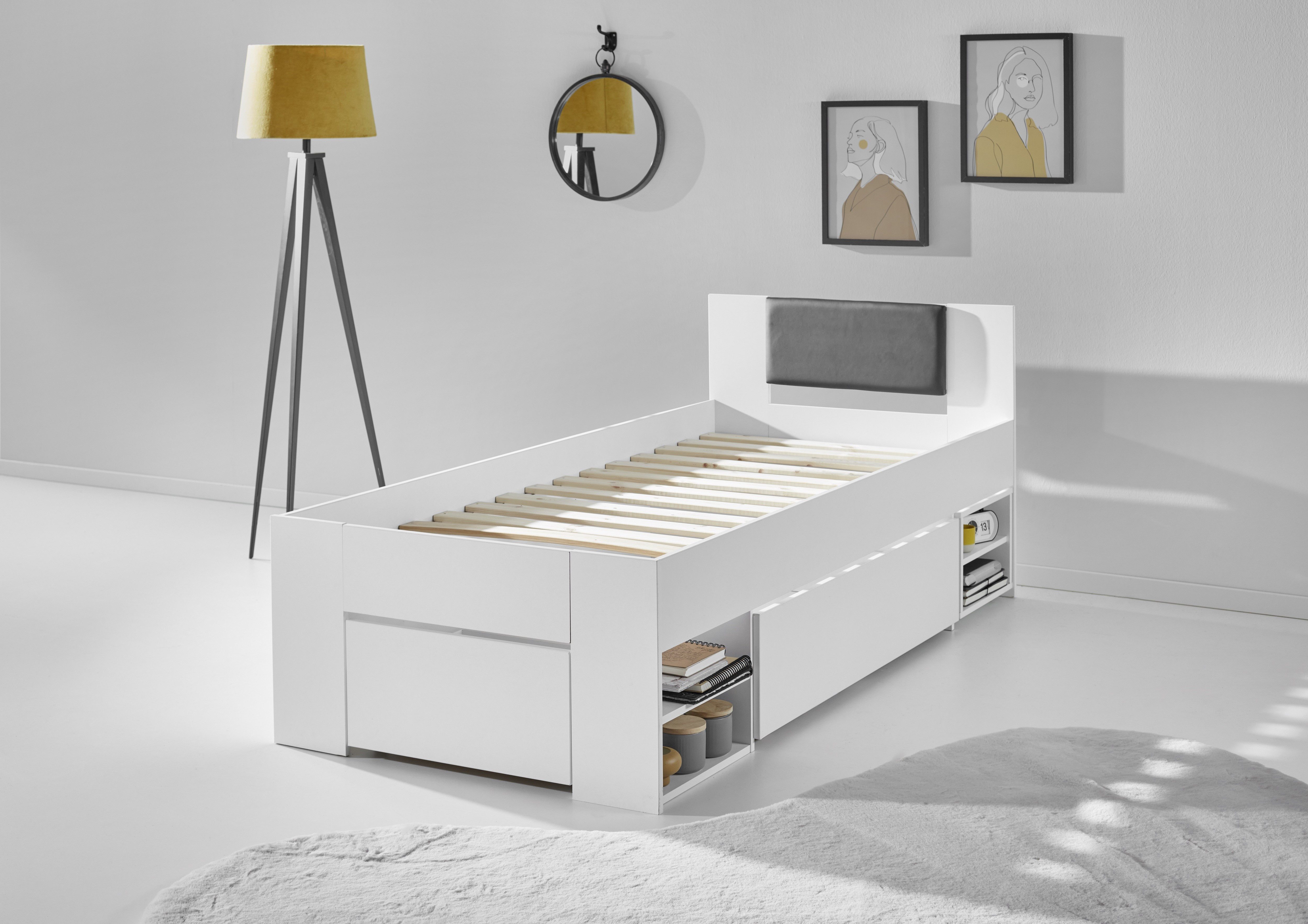 Relita Ledikant met bergruimte Stefan met grote lades en Nako op wielen, incl. latten met comfortabele lighoogte, verkrijgbaar in 2 breedtes en 2 kleuren