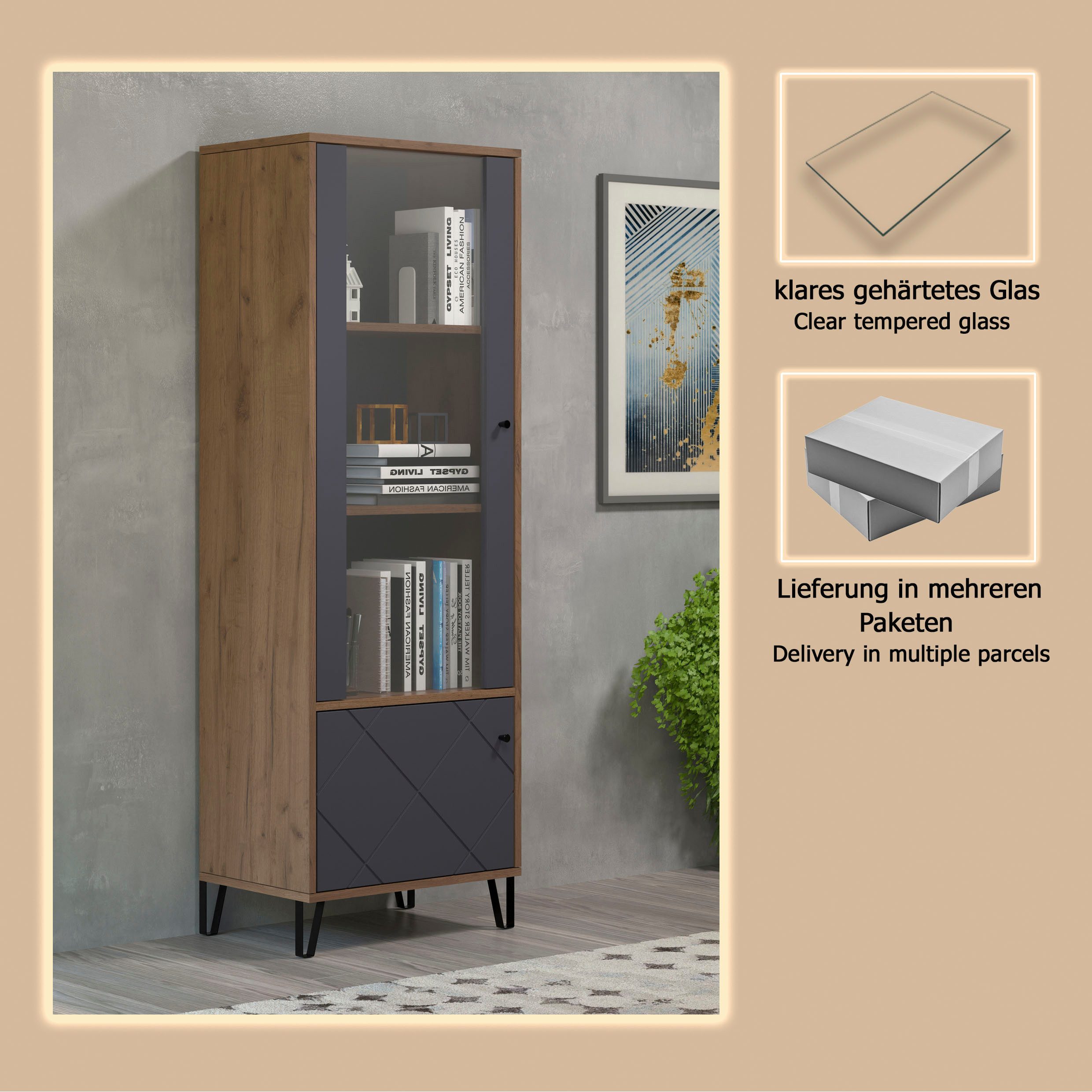 Places of Style Vitrinekast MOLVENO Woonkamer vitrine met voelbare grafiet vierkantlook - 63/40/172 cm (1 stuk)