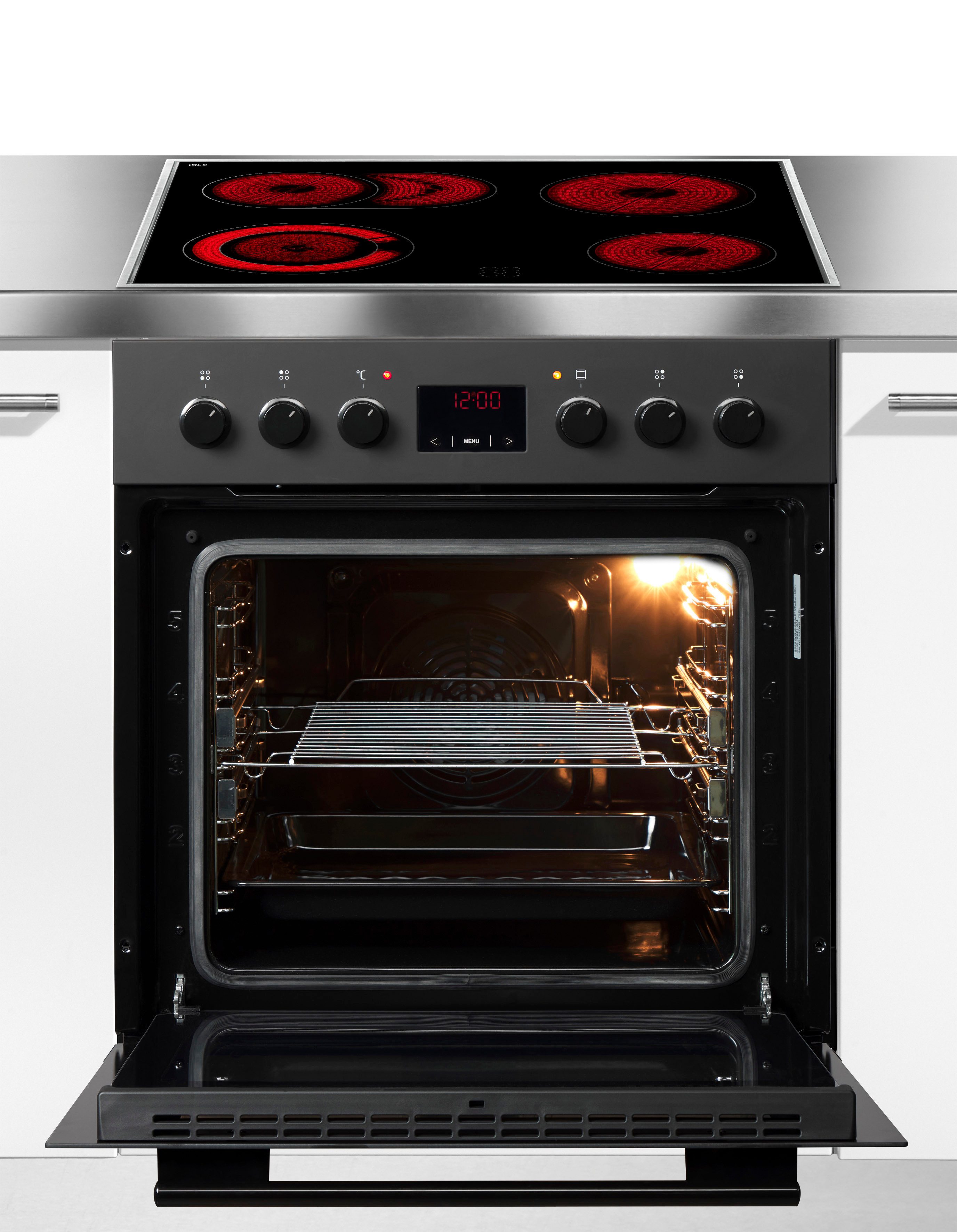 Amica Inbouw elektrisch fornuisset EHC 12921 SM Oven met 11 programma's en tweeledig uittrekbare bakplaat rails.