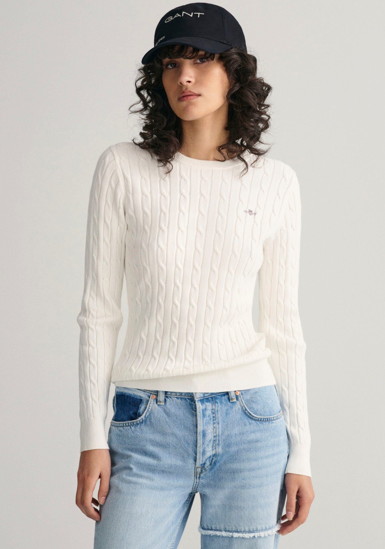 Gant Gebreide trui Stretch Cotton Cable C-Neck met logoborduursel op borsthoogte