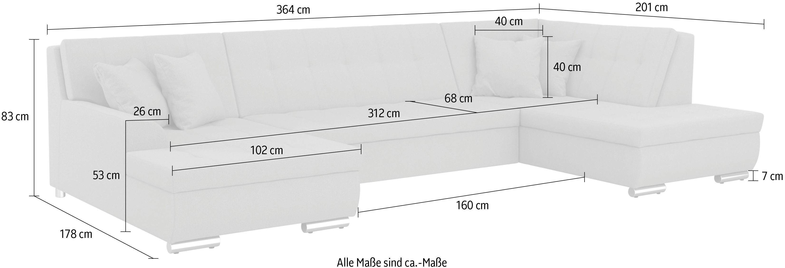 DOMO collection Zithoek Treviso inclusief sierkussen, moderne stiksels, XXL: B/D/H: 364/201/83 cm naar keuze met slaapfunctie, in vele soorten bekleding ook in cord u-model