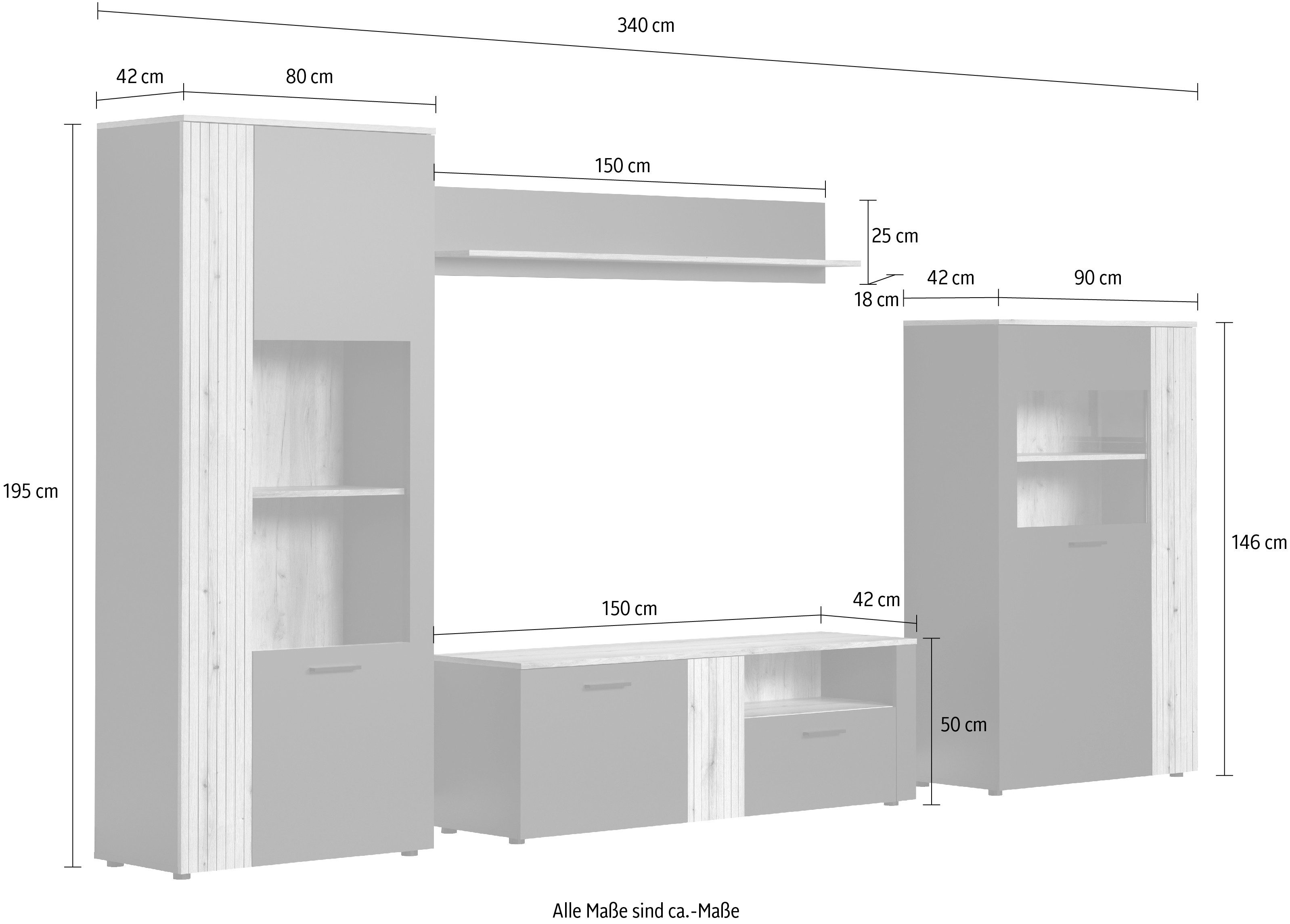 INOSIGN Wandmeubel Estepona Woonkamermeubilair met groevenlook - (B/D/H): 340/42/195 cm (complete set, 4-delig)