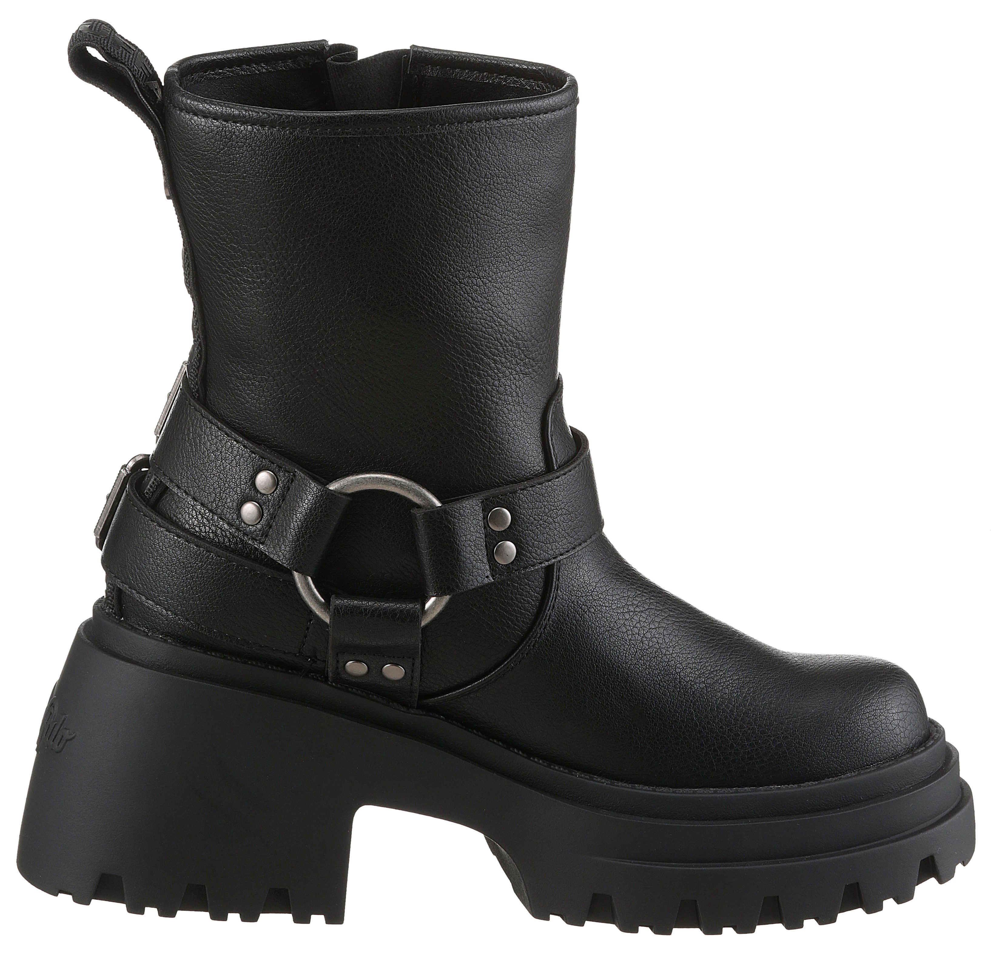 Buffalo Bikerboots BRAVR BIKER LO biker enkellaars, plateaustiefelette, blokhak, met decoratieve gespen
